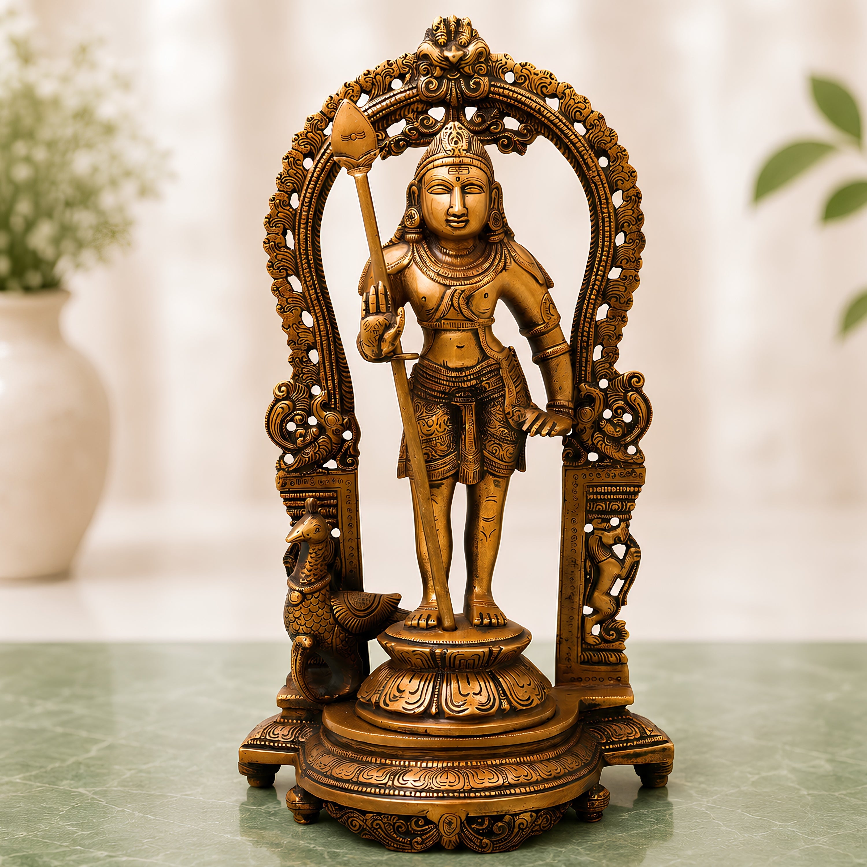 Brass Murugan Idol Statue, Handcrafted Chola Style Subramanya Kartikeya for Pooja Home Decor Gift, Gold, 15 Inch, 1 Piece