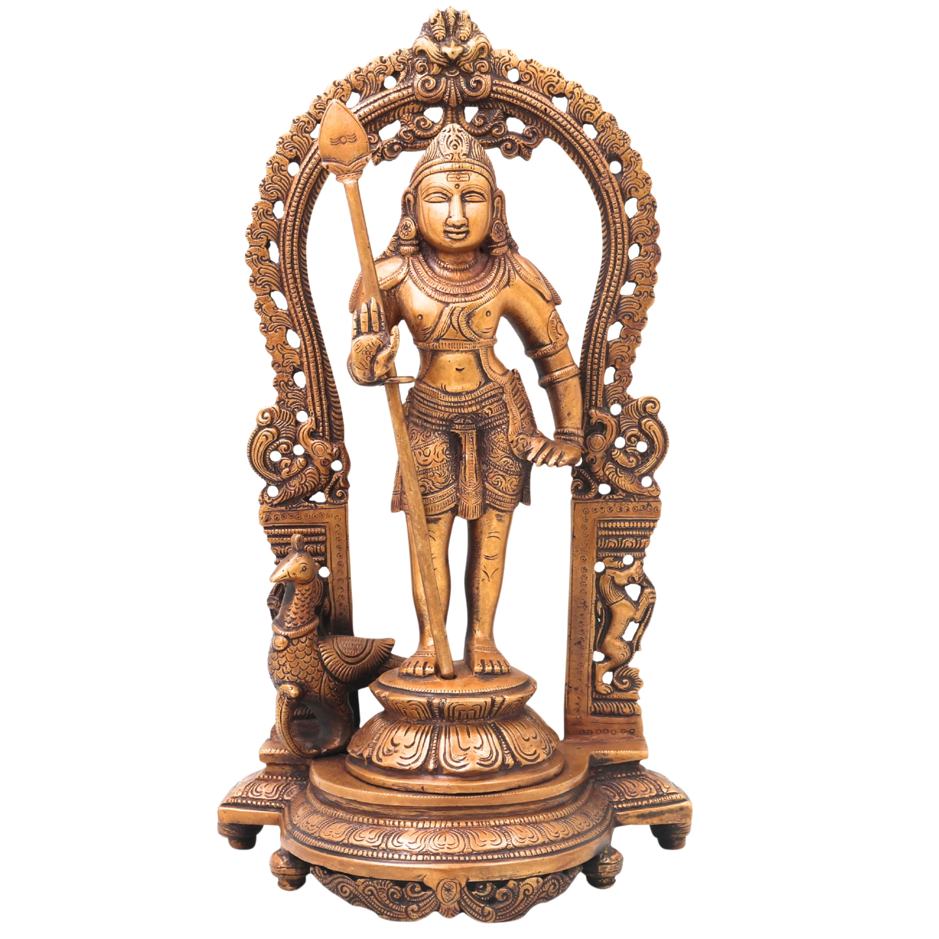 Brass Murugan Idol Statue, Handcrafted Chola Style Subramanya Kartikeya for Pooja Home Decor Gift, Gold, 15 Inch, 1 Piece