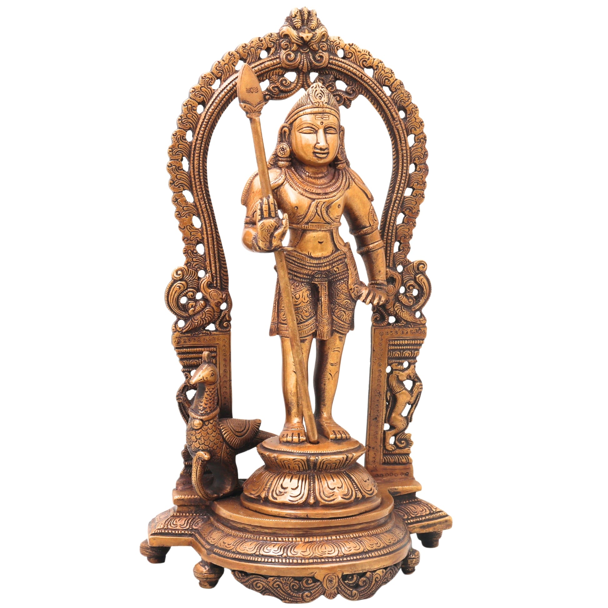 Brass Murugan Idol Statue, Handcrafted Chola Style Subramanya Kartikeya for Pooja Home Decor Gift, Gold, 15 Inch, 1 Piece