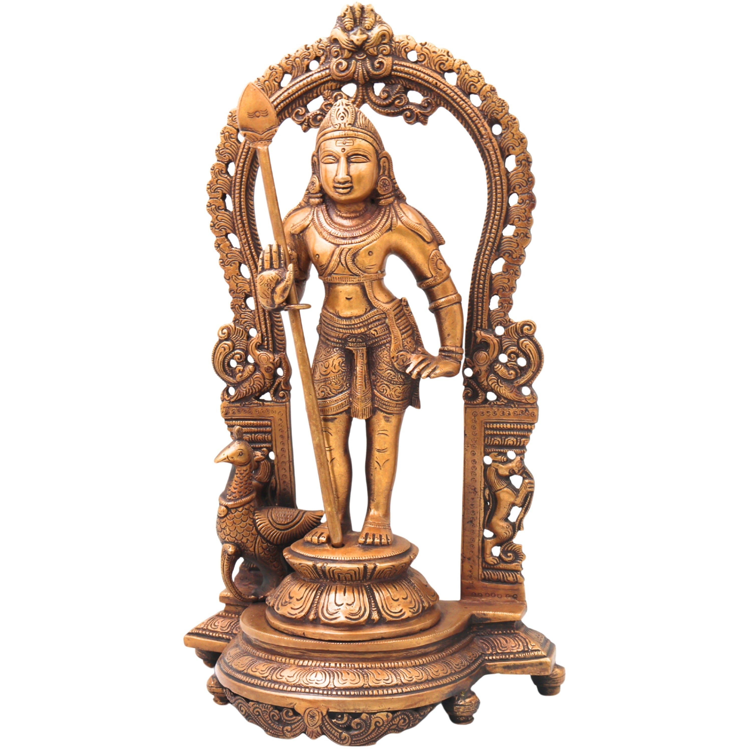 Brass Murugan Idol Statue, Handcrafted Chola Style Subramanya Kartikeya for Pooja Home Decor Gift, Gold, 15 Inch, 1 Piece