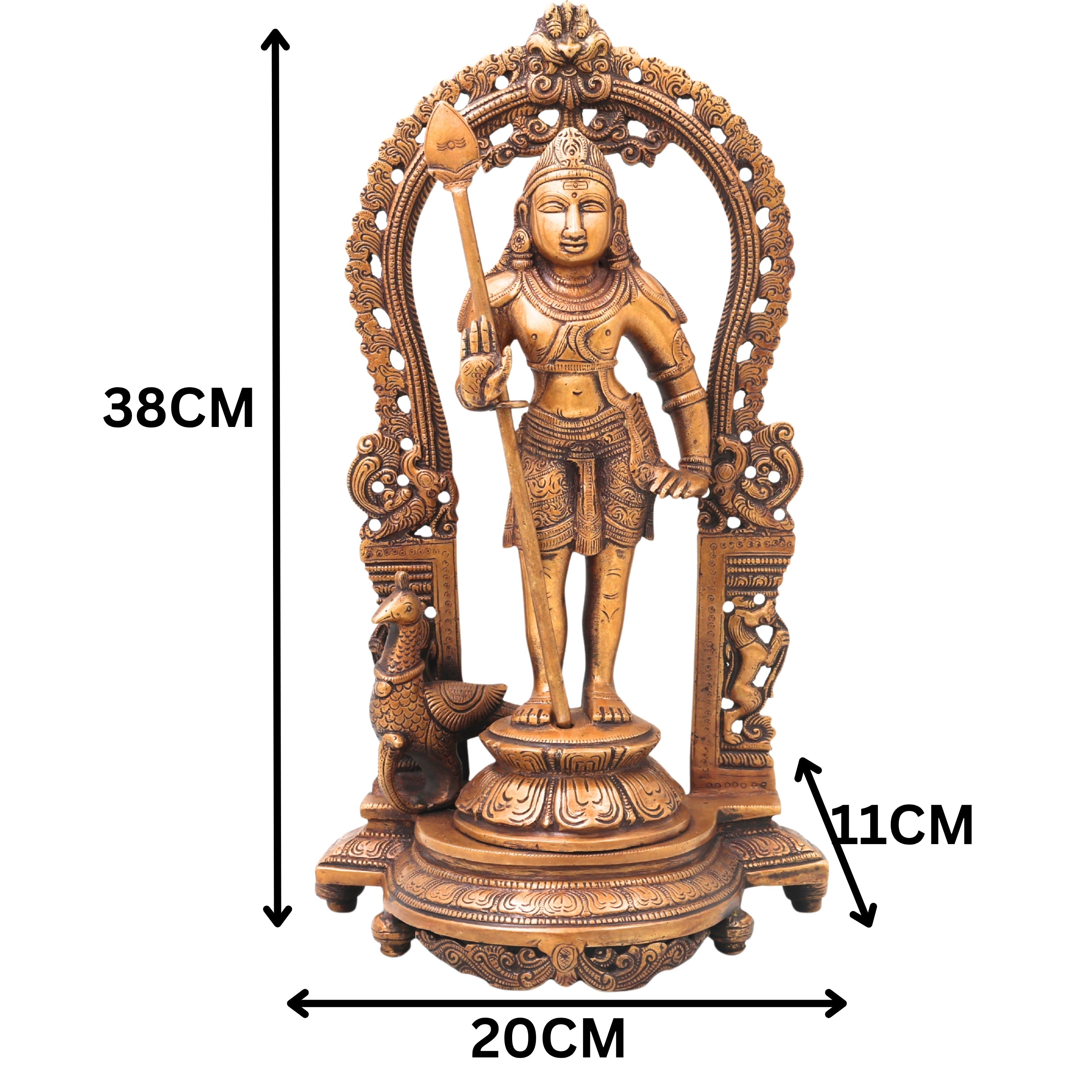 Brass Murugan Idol Statue, Handcrafted Chola Style Subramanya Kartikeya for Pooja Home Decor Gift, Gold, 15 Inch, 1 Piece