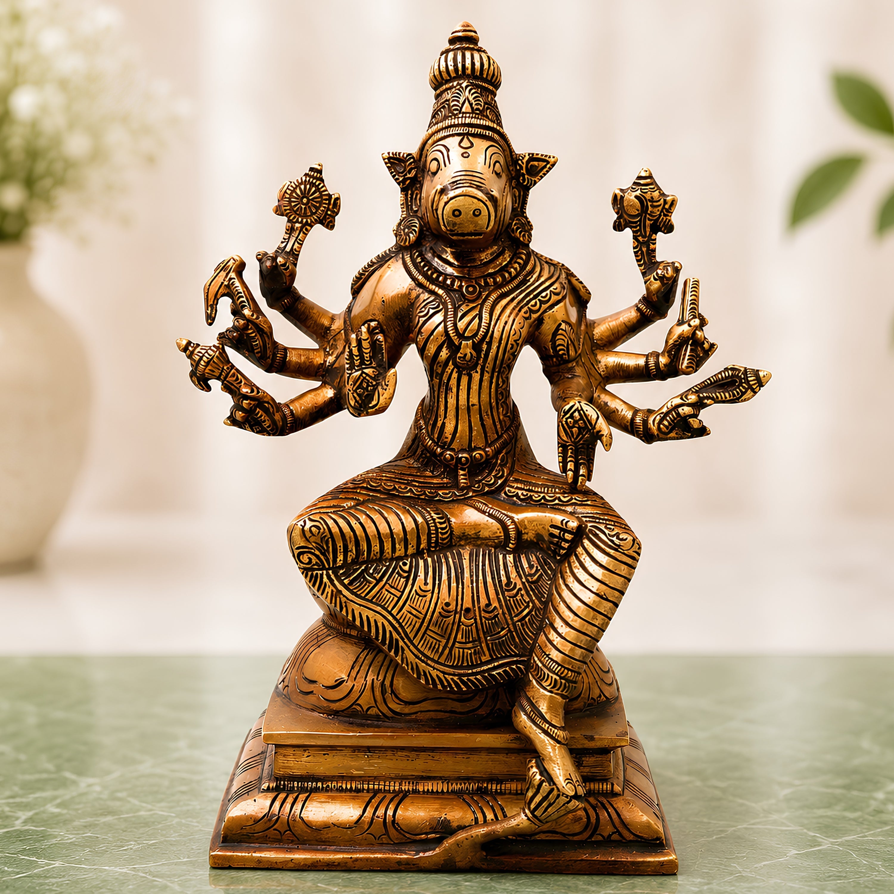 Brass Varahi Devi Idol for Pooja, Handcrafted Traditional Chola Style Murti Home Decor Gift, Gold, 10.5 Inch, 1 Piece