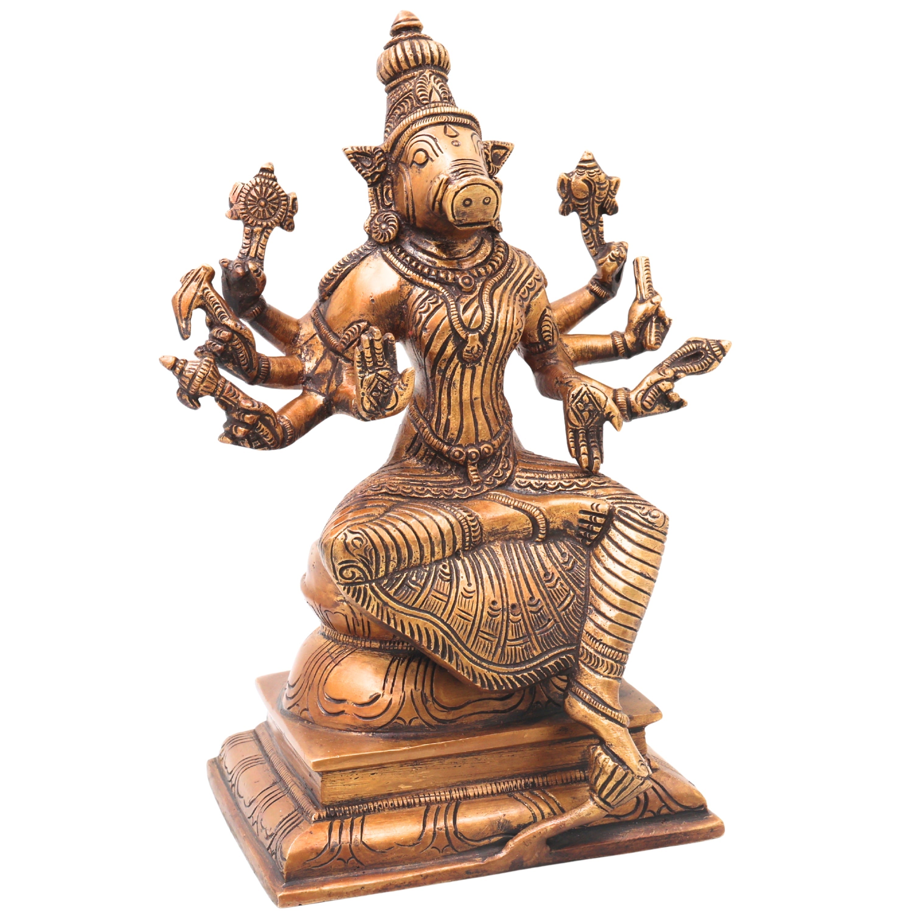 Brass Varahi Devi Idol for Pooja, Handcrafted Traditional Chola Style Murti Home Decor Gift, Gold, 10.5 Inch, 1 Piece