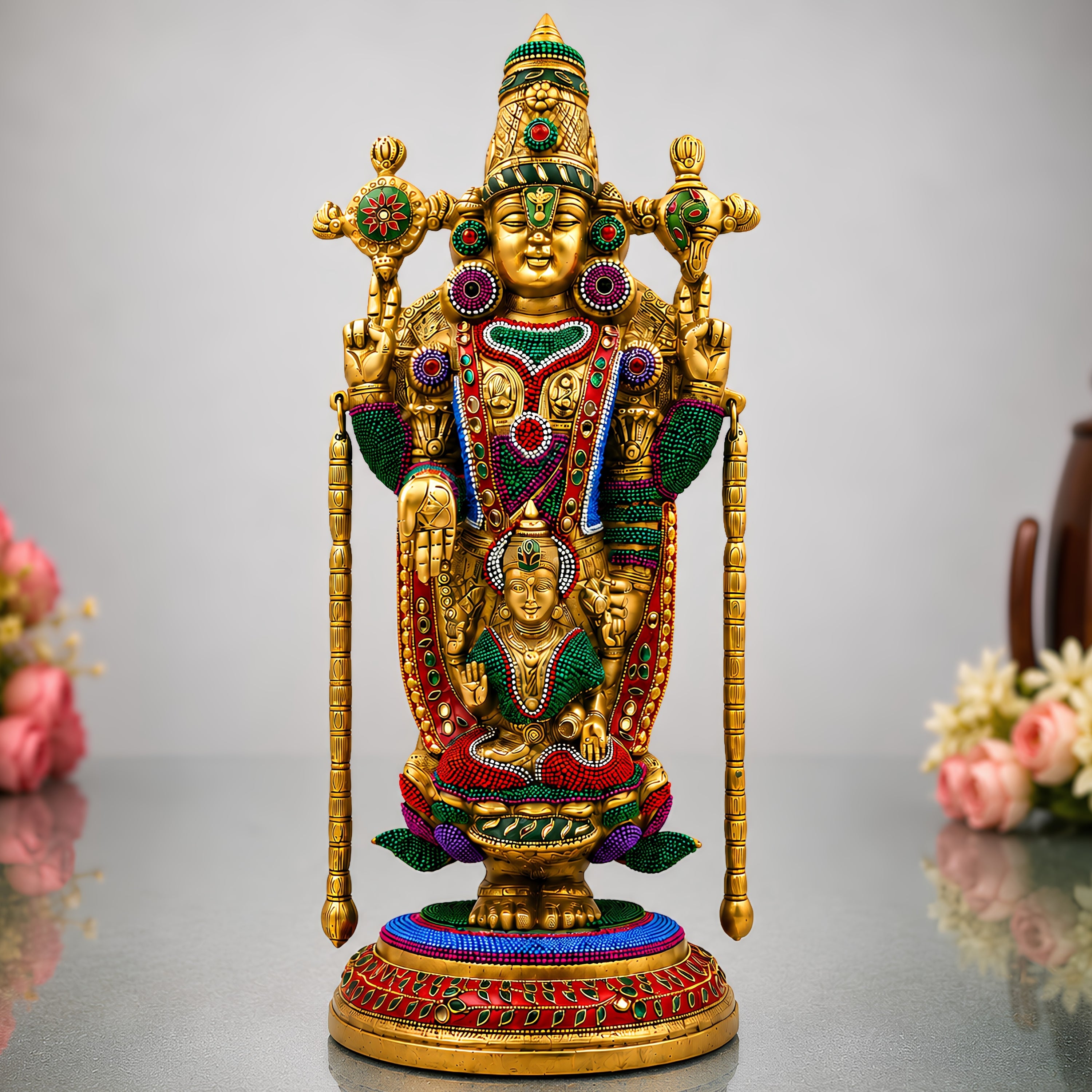 Brass Shrinivasa Balaji Idol Statue Handcrafted Traditional Venkateswara Swamy for Pooja Decor Gift, Gold, 19.5 Inch, 1 Piece
