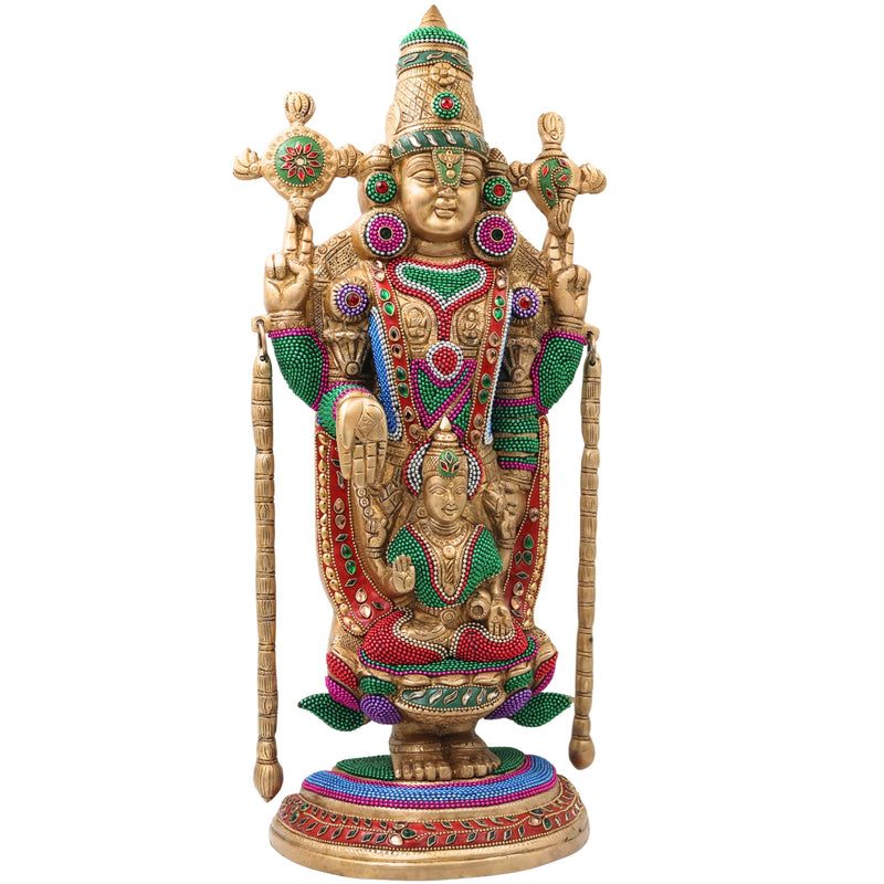 Brass Shrinivasa Balaji Idol Statue Handcrafted Traditional Venkateswara Swamy for Pooja Decor Gift, Gold, 19.5 Inch, 1 Piece
