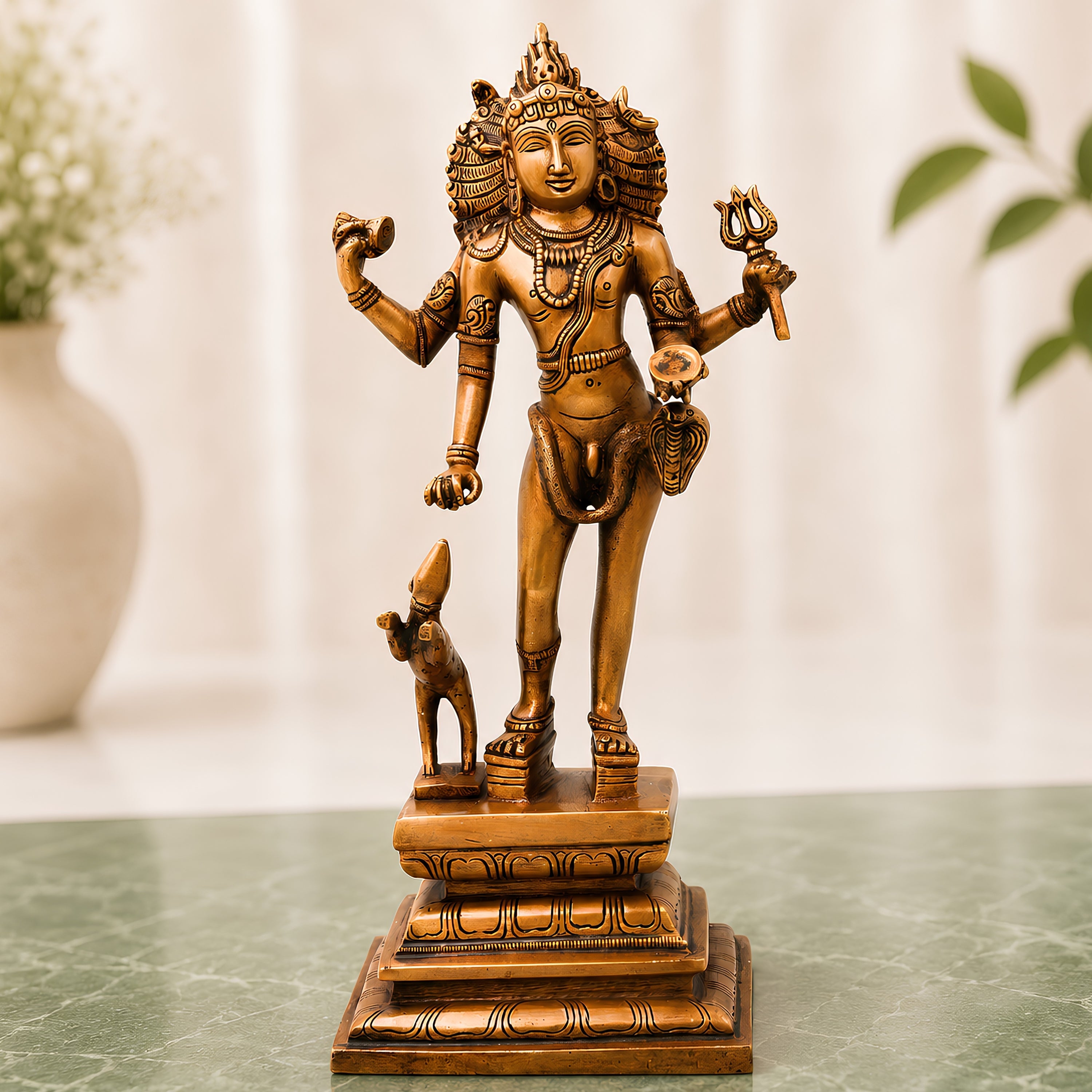 Brass Kala Bhairava Idol Handcrafted Traditional Chola Bhairav Murti for Pooja Decor Gifting, Gold, 15 Inch, 1 Piece