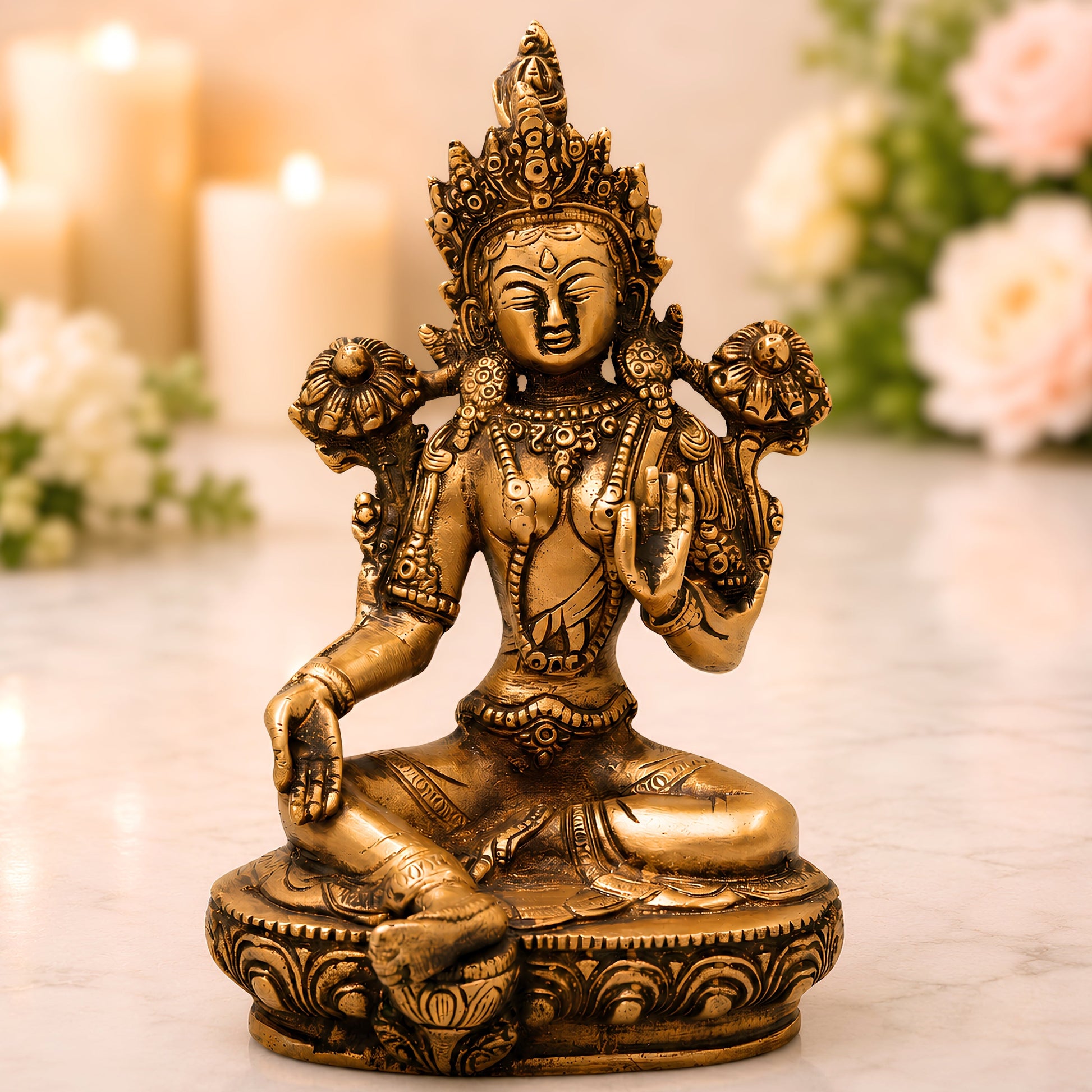 Brass Tara Devi Idol Handcrafted Traditional Chola Style Sculpture for Pooja Decor & Spiritual Gifting, Gold, 8.5 Inch, 1 Piece