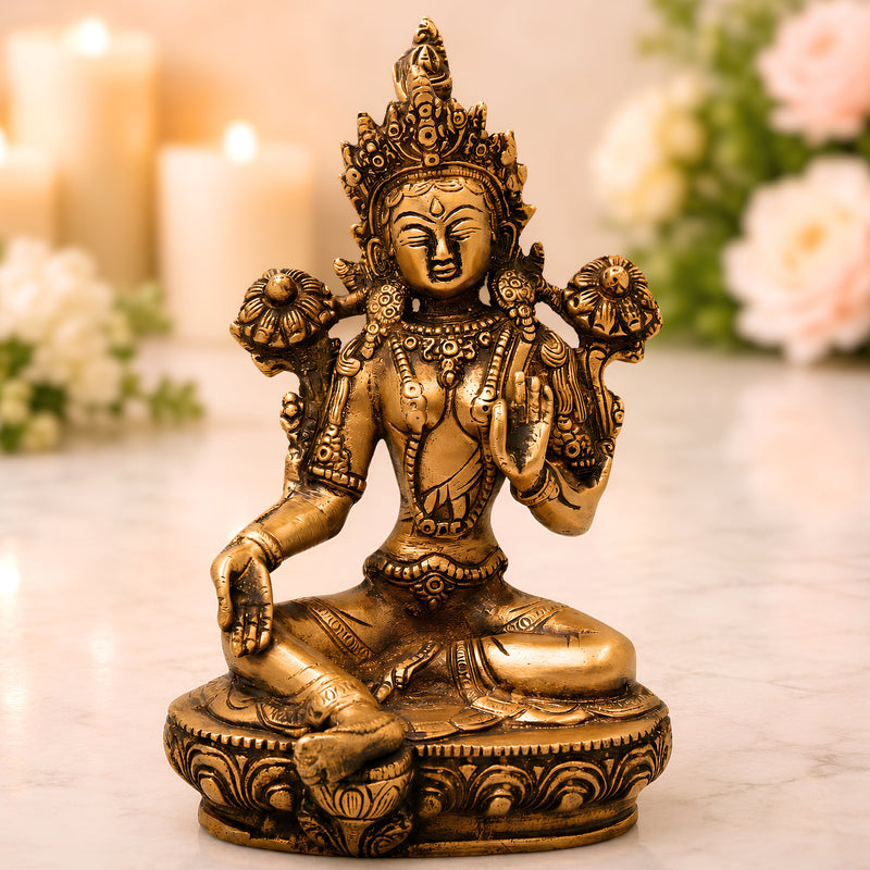 Brass Tara Devi Idol Handcrafted Traditional Chola Style Sculpture for Pooja Decor & Spiritual Gifting, Gold, 8.5 Inch, 1 Piece