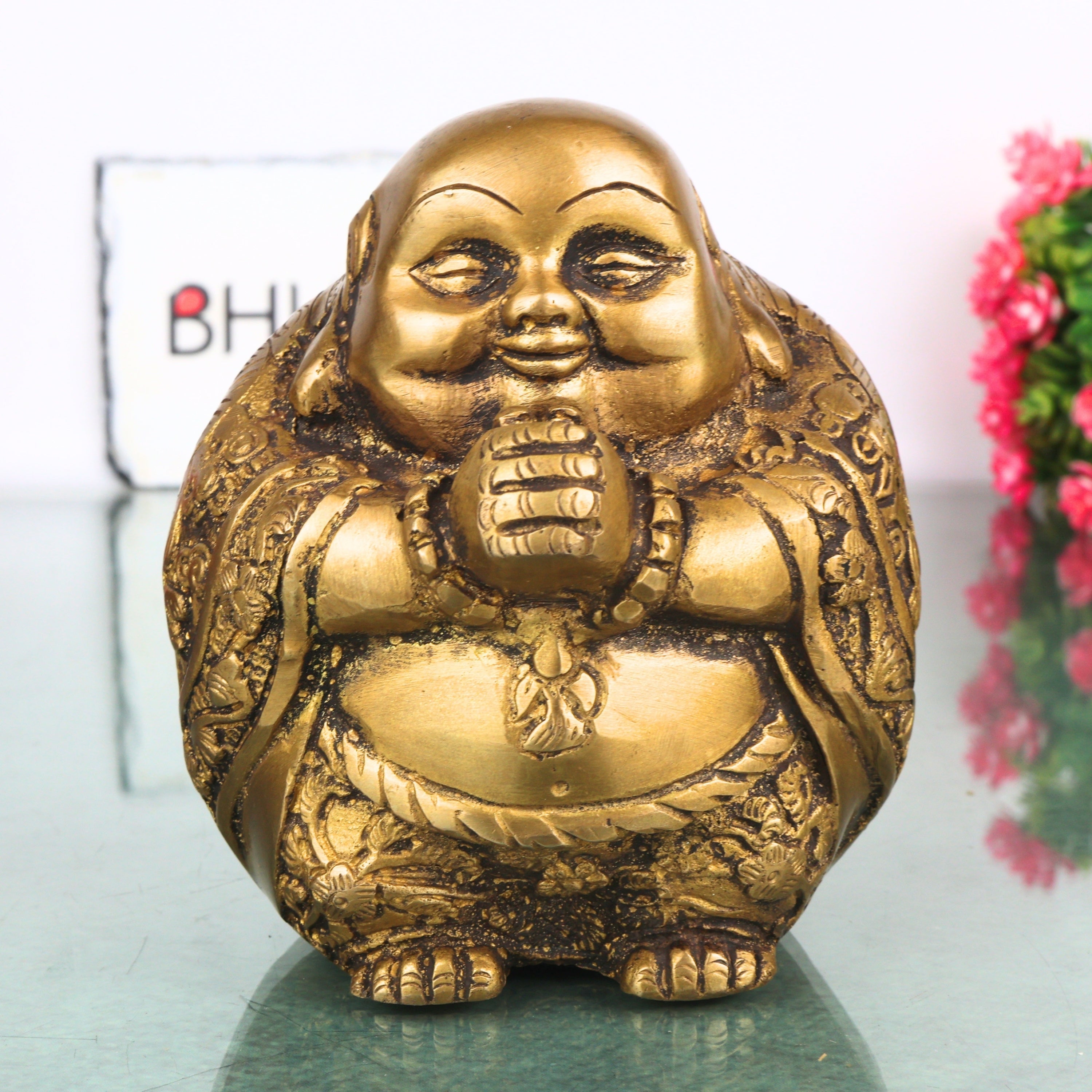 Brass Laughing Buddha Idol, Handcrafted Hotei Budai Statue for Vastu, Pooja, Home Decor & Gifting, Gold, 5 Inch, 1 Piece