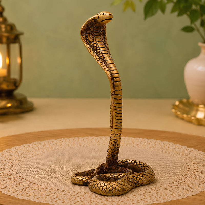 Brass Snake Handcrafted Naag Devta Idol for Pooja, Vastu & Home Decor, Traditional Cobra Sculpture, Gold, 10.5 Inch, 1 Piece