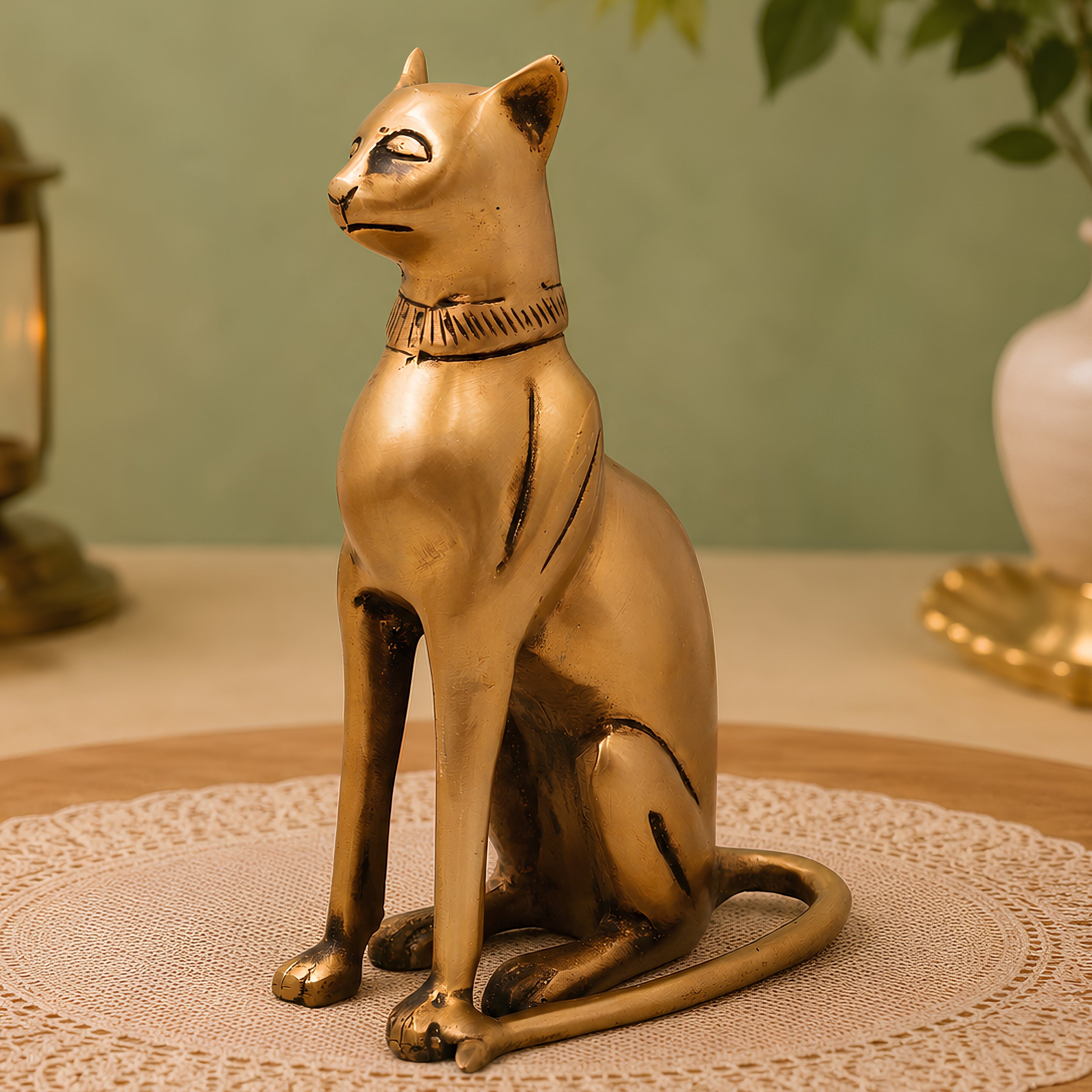 Brass Cat Idol Handcrafted Traditional Sculpture for Vastu Home Decor Pooja and Luxury Gifting, Gold, 8 Inch, 1 Piece