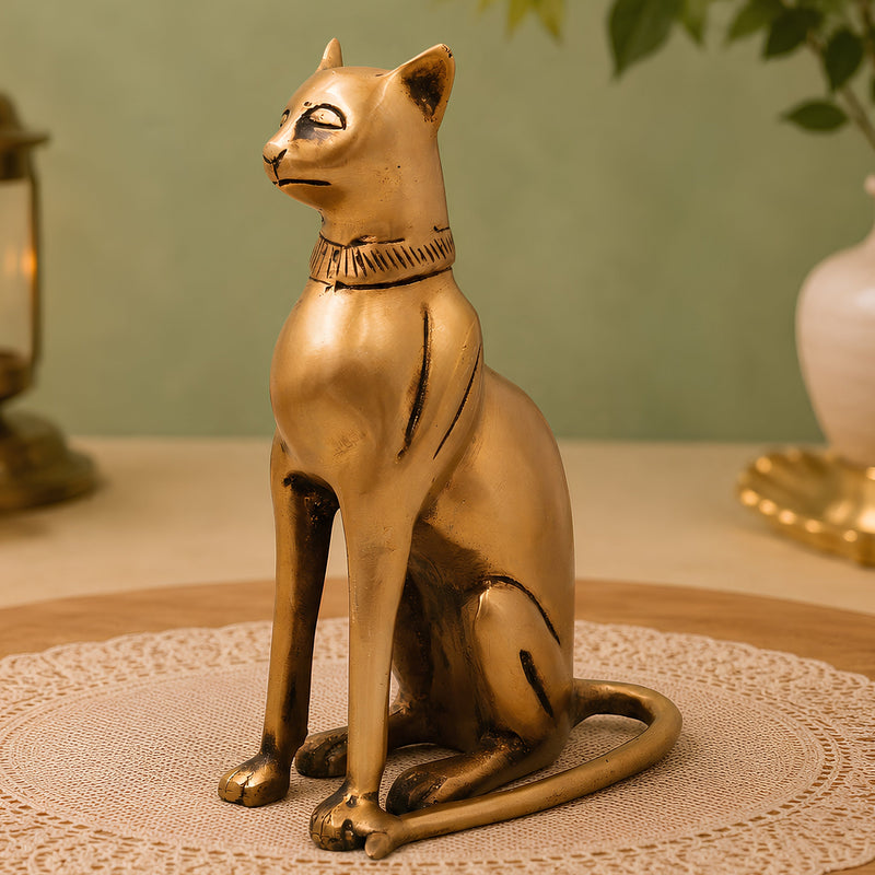 Brass Cat Idol Handcrafted Traditional Sculpture for Vastu Home Decor Pooja and Luxury Gifting, Gold, 8 Inch, 1 Piece