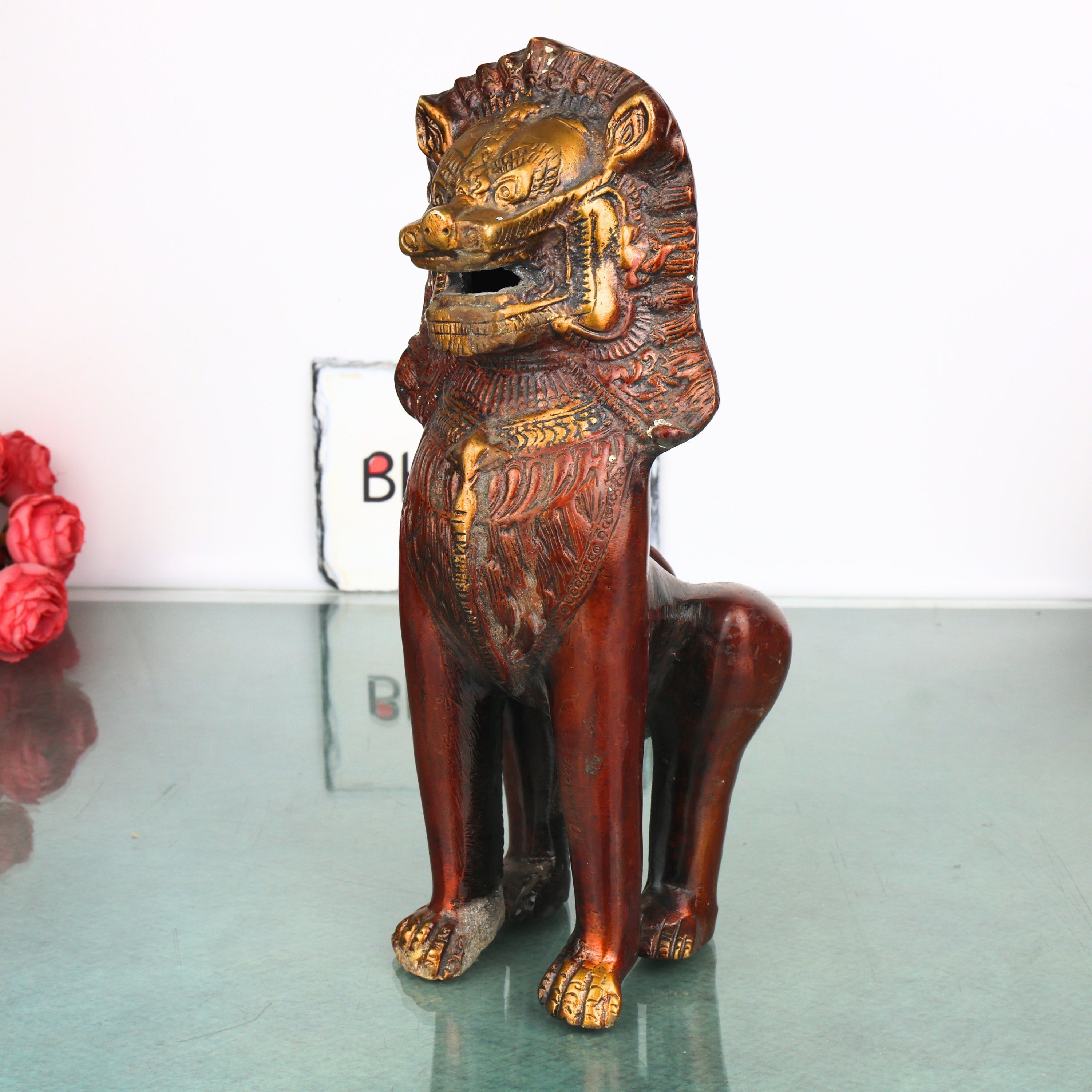 Brass Simha  Handcrafted Lion Statue for Home Decor, Pooja, Vastu & Traditional Spiritual Gifting, Gold, 11 Inch, 1 Piece
