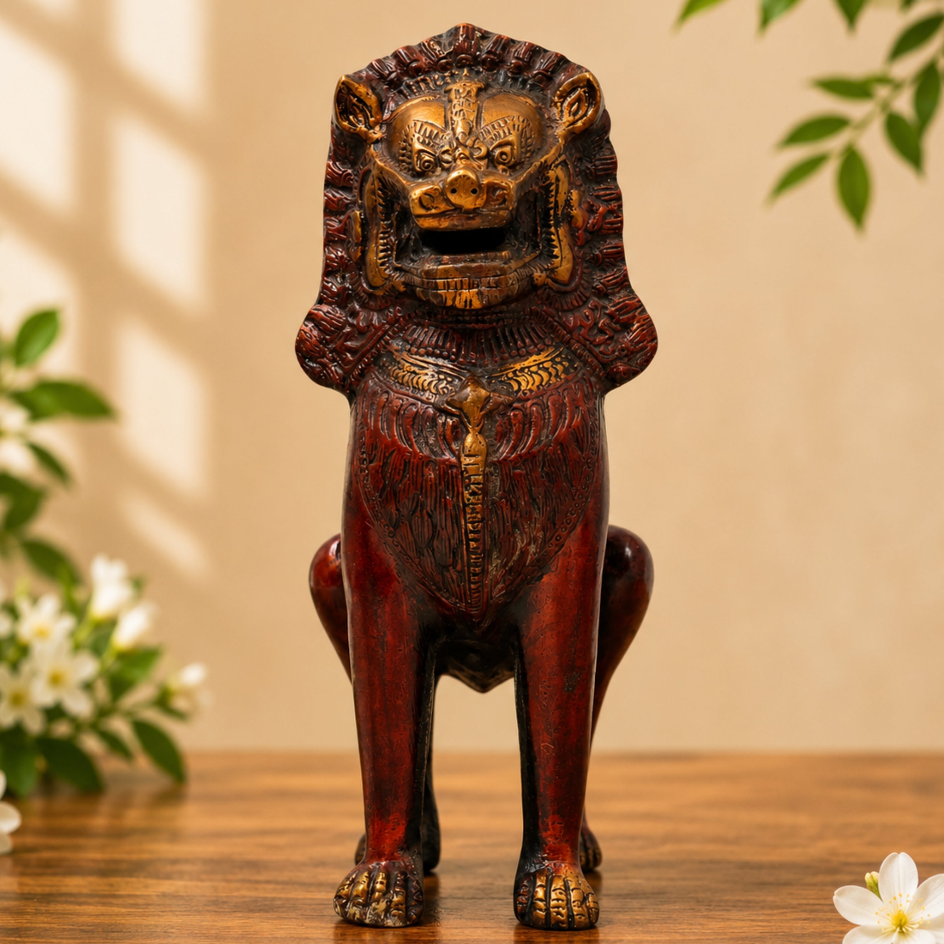 Brass Simha  Handcrafted Lion Statue for Home Decor, Pooja, Vastu & Traditional Spiritual Gifting, Gold, 11 Inch, 1 Piece