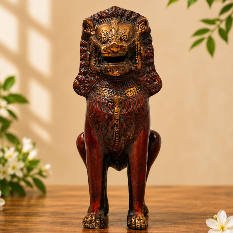 Brass Simha  Handcrafted Lion Statue for Home Decor, Pooja, Vastu & Traditional Spiritual Gifting, Gold, 11 Inch, 1 Piece