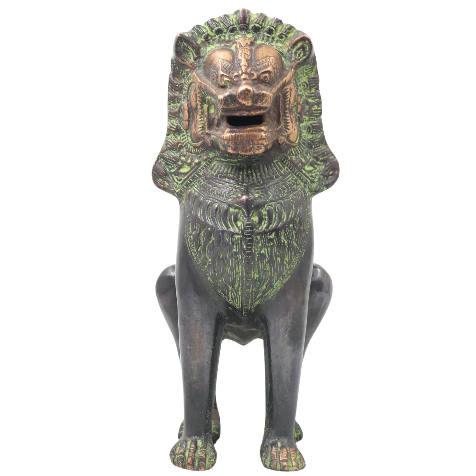 Handcrafted Brass Simha Lion Statue for Home Decor, Gifting, Green, 11 Inch, 1 Piece