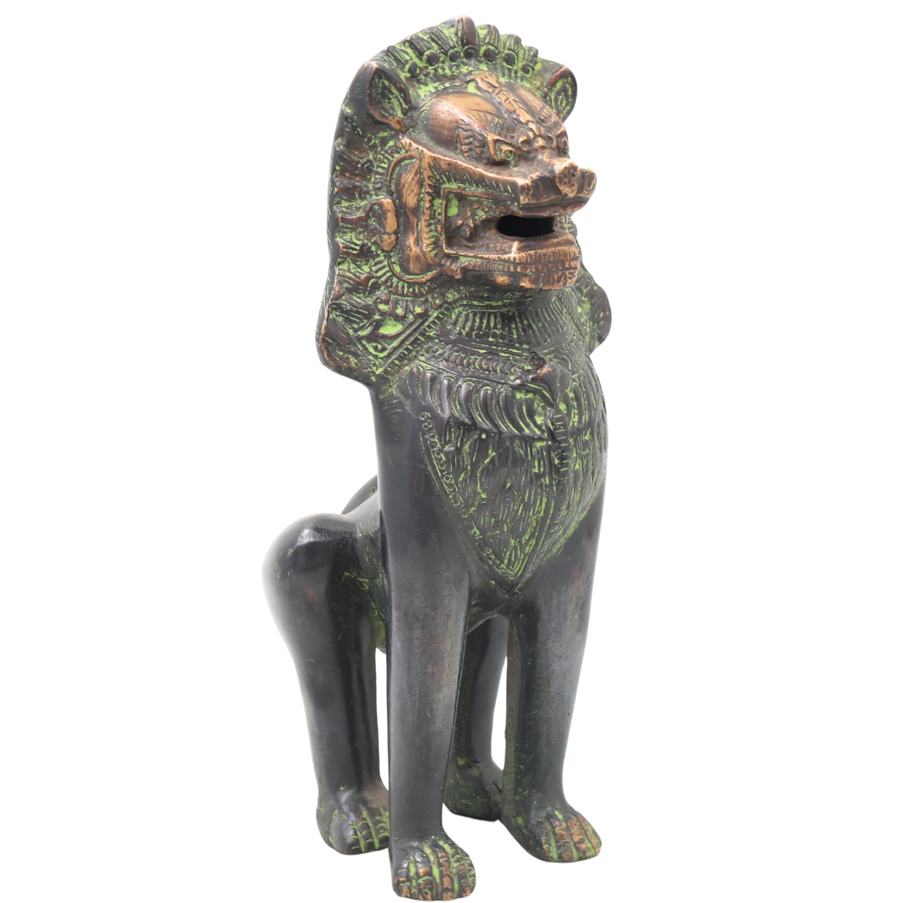 Handcrafted Brass Simha Lion Statue for Home Decor, Gifting, Green, 11 Inch, 1 Piece