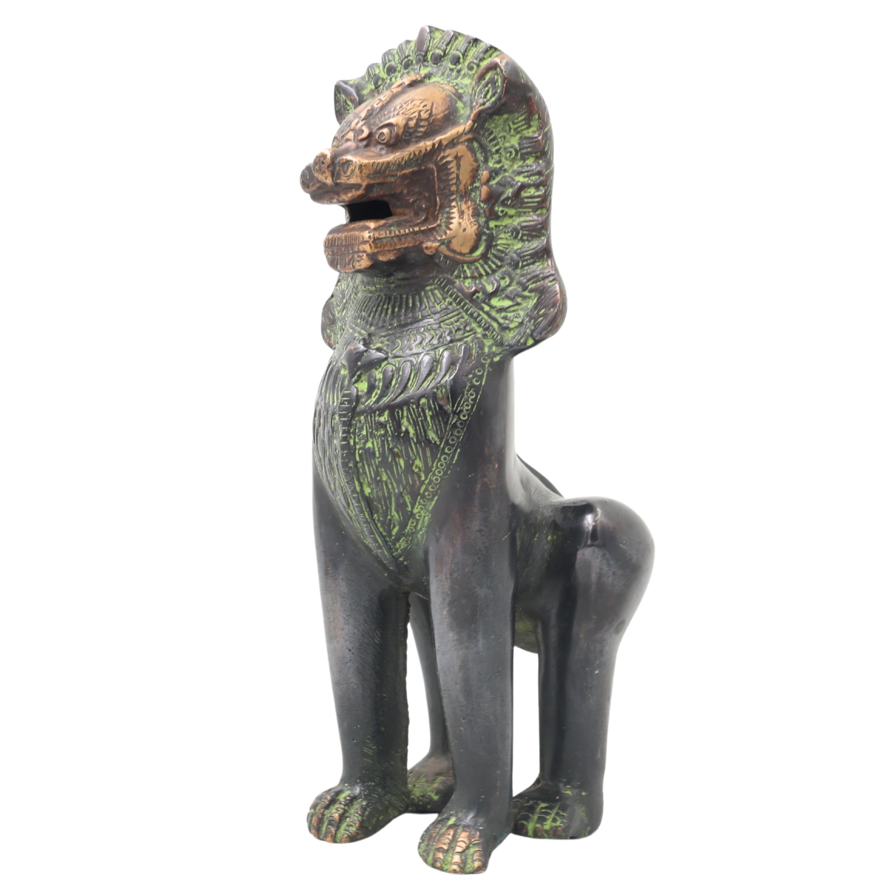 Handcrafted Brass Simha Lion Statue for Home Decor, Gifting, Green, 11 Inch, 1 Piece