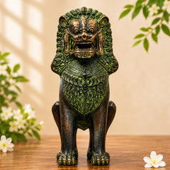 Handcrafted Brass Simha Lion Statue for Home Decor, Gifting, Green, 11 Inch, 1 Piece