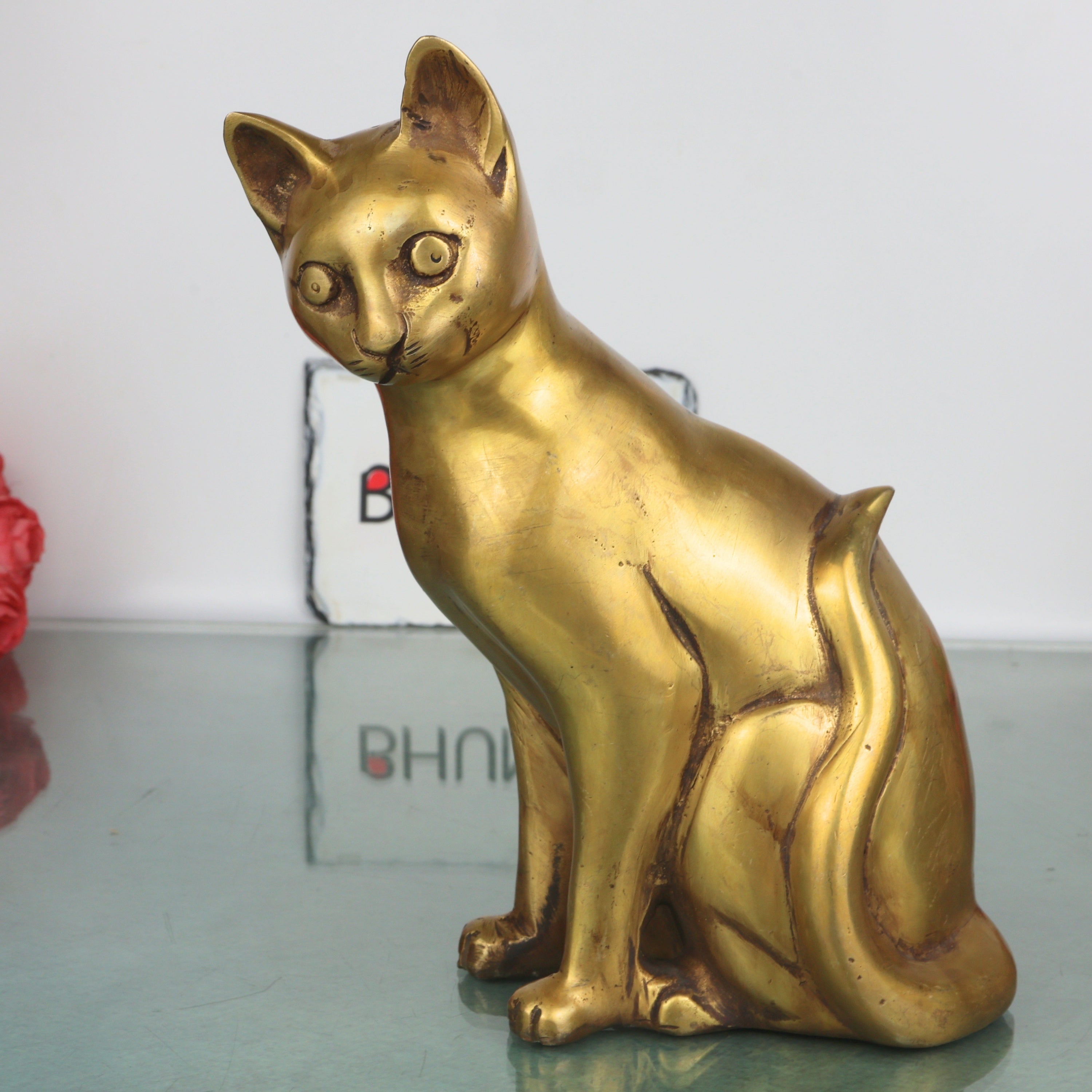 Brass Cat Idol for Home Decor, Spiritual Gifting & Traditional Display, Gold, 8 Inch, 1 Piece
