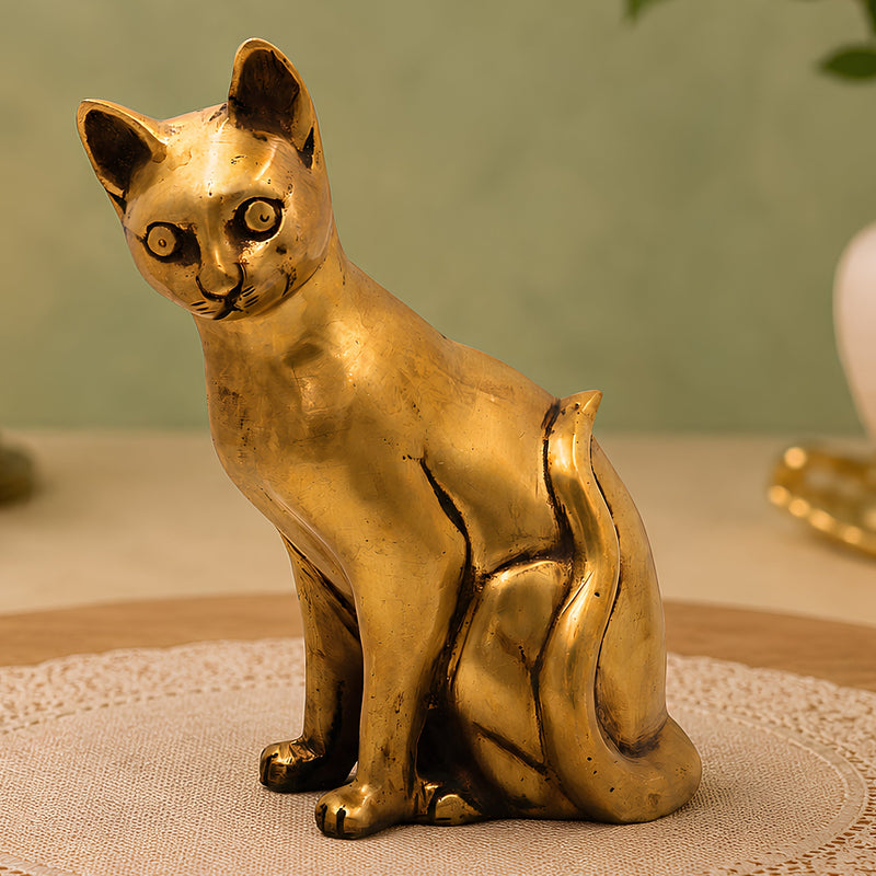Brass Cat Idol for Home Decor, Spiritual Gifting & Traditional Display, Gold, 8 Inch, 1 Piece