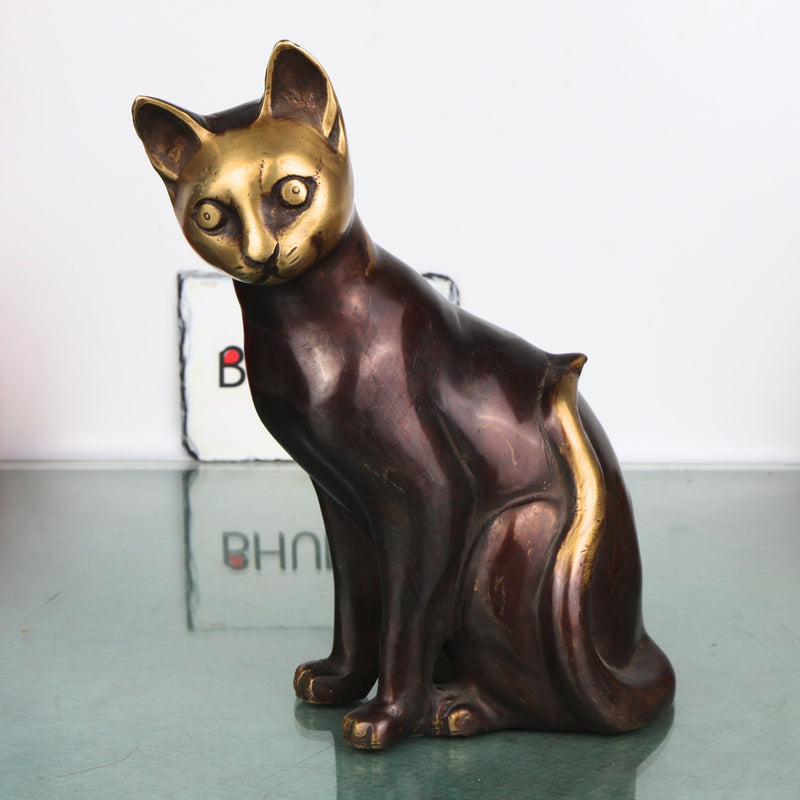 Brass Cat Idol Sculpture for Vastu Home Decor Gifting Traditional Handcrafted Chola Style Murti, Gold, 8 Inch, 1 Piece