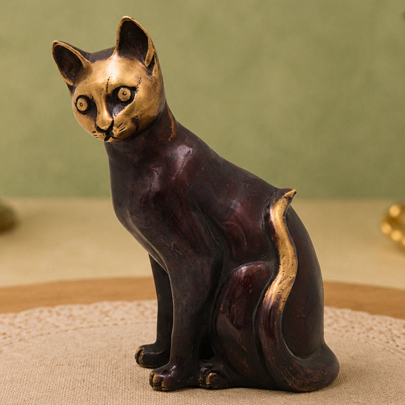 Brass Cat Idol Sculpture for Vastu Home Decor Gifting Traditional Handcrafted Chola Style Murti, Gold, 8 Inch, 1 Piece
