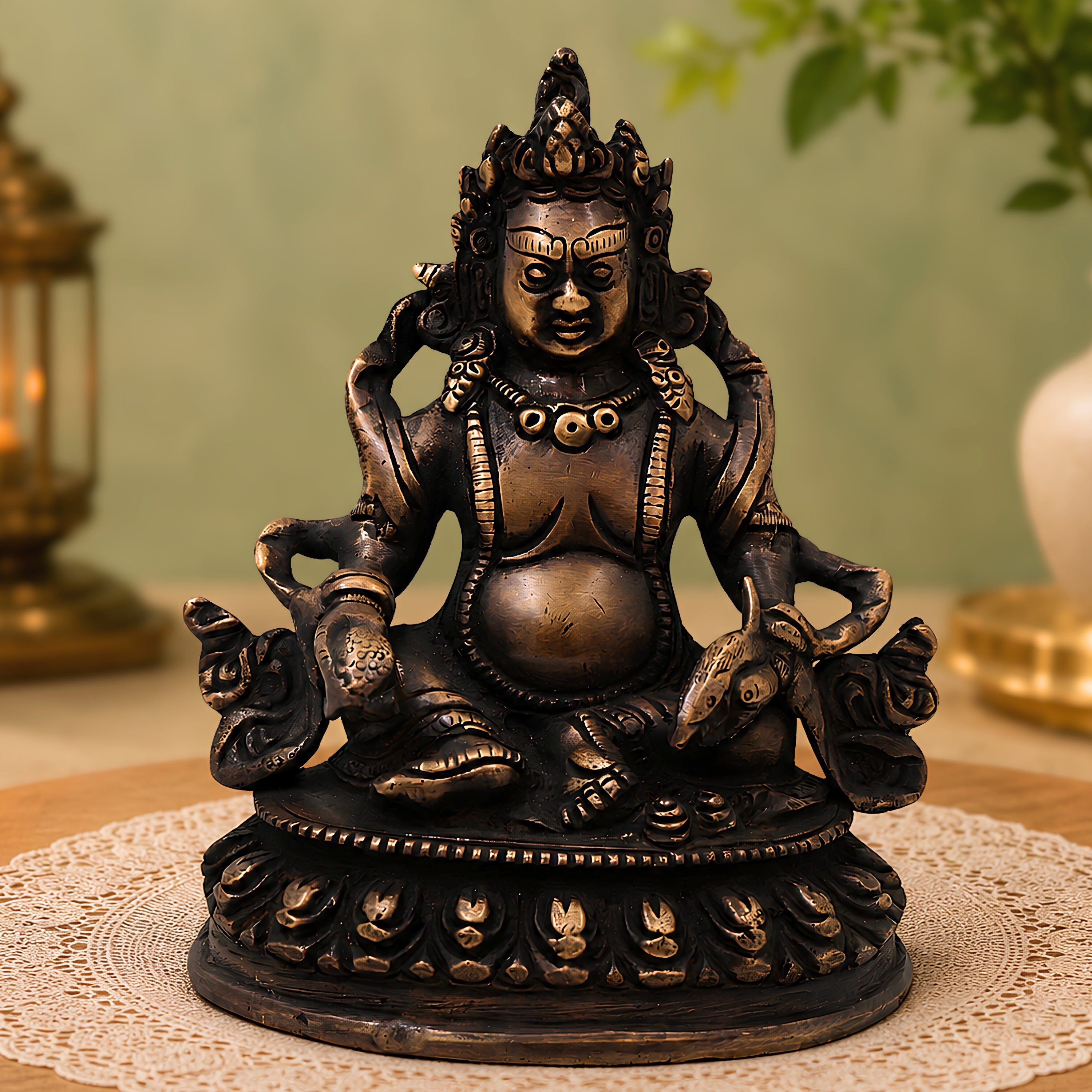 Brass Kubera Idol Vaishravana Wealth God Statue for Pooja Home Decor Gifting Traditional Handcrafted Art, Gold, 6.5 Inch, 1 Piece