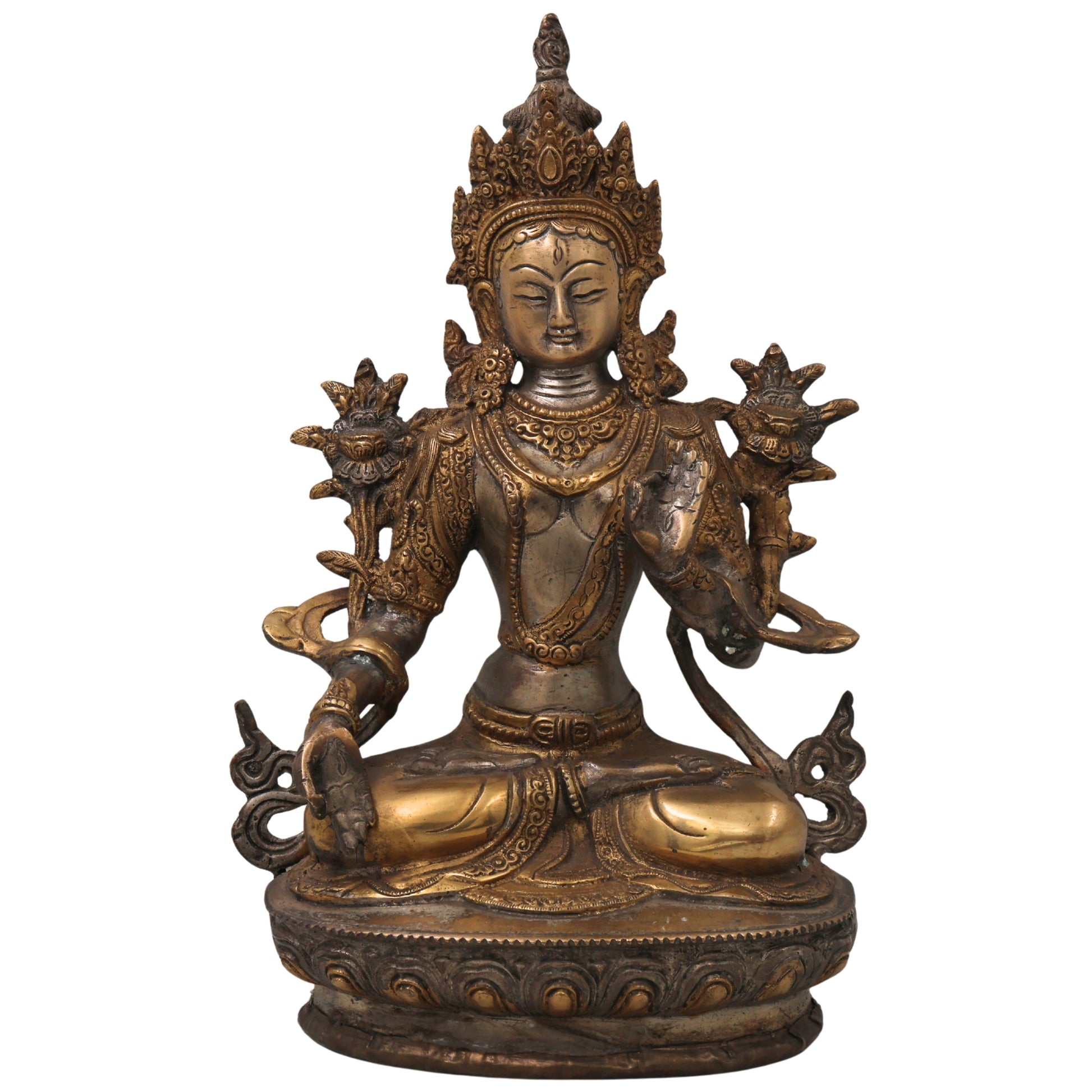 Brass White Tara Idol Handmade Traditional Chola Style Tara Devi Murti for Pooja Decor & Gifting, Gold, 12.5 Inch, 1 Piece