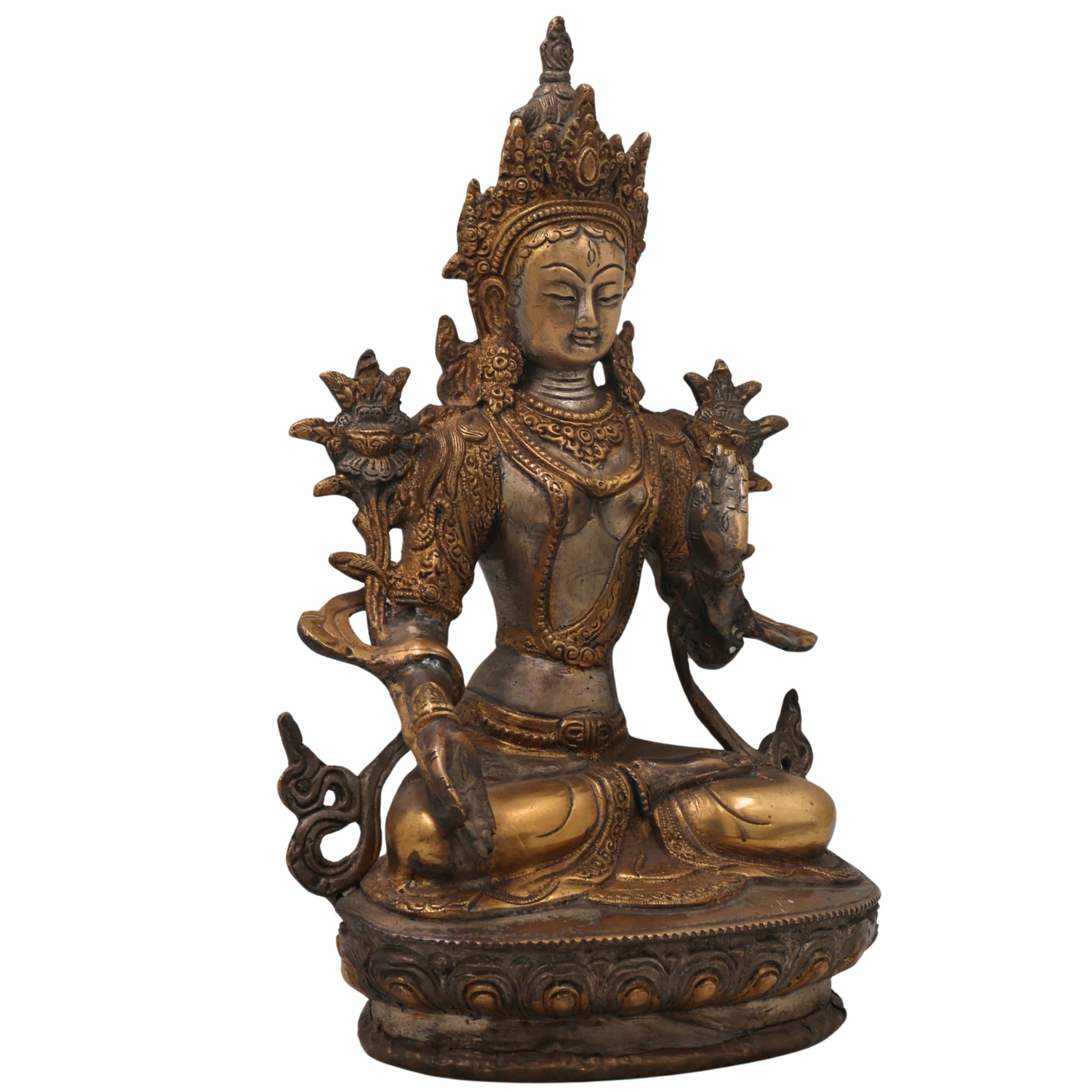 Brass White Tara Idol Handmade Traditional Chola Style Tara Devi Murti for Pooja Decor & Gifting, Gold, 12.5 Inch, 1 Piece