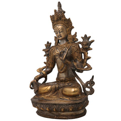 Brass White Tara Idol Handmade Traditional Chola Style Tara Devi Murti for Pooja Decor & Gifting, Gold, 12.5 Inch, 1 Piece