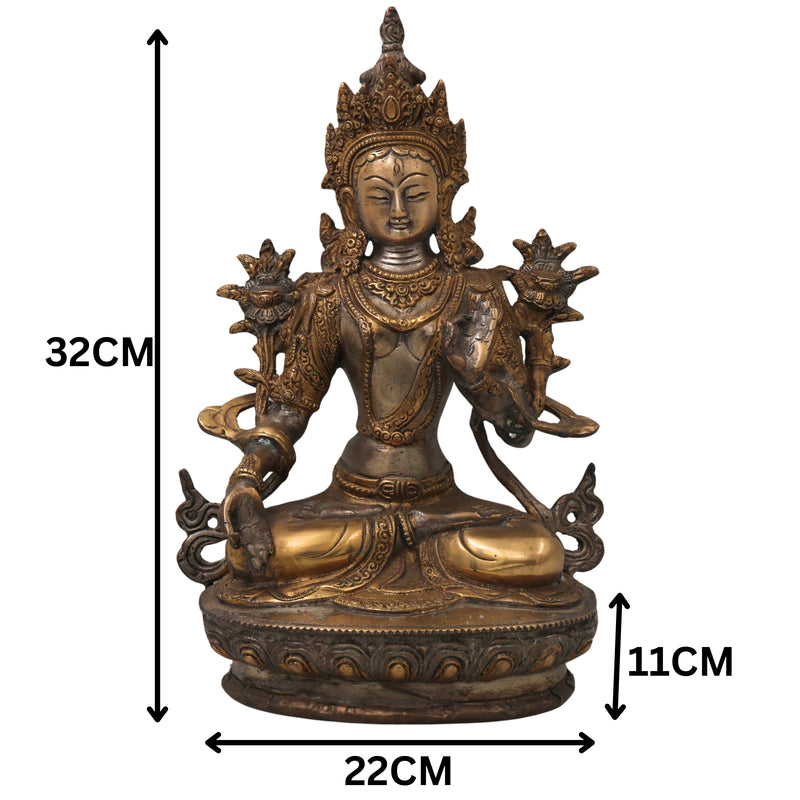 Brass White Tara Idol Handmade Traditional Chola Style Tara Devi Murti for Pooja Decor & Gifting, Gold, 12.5 Inch, 1 Piece