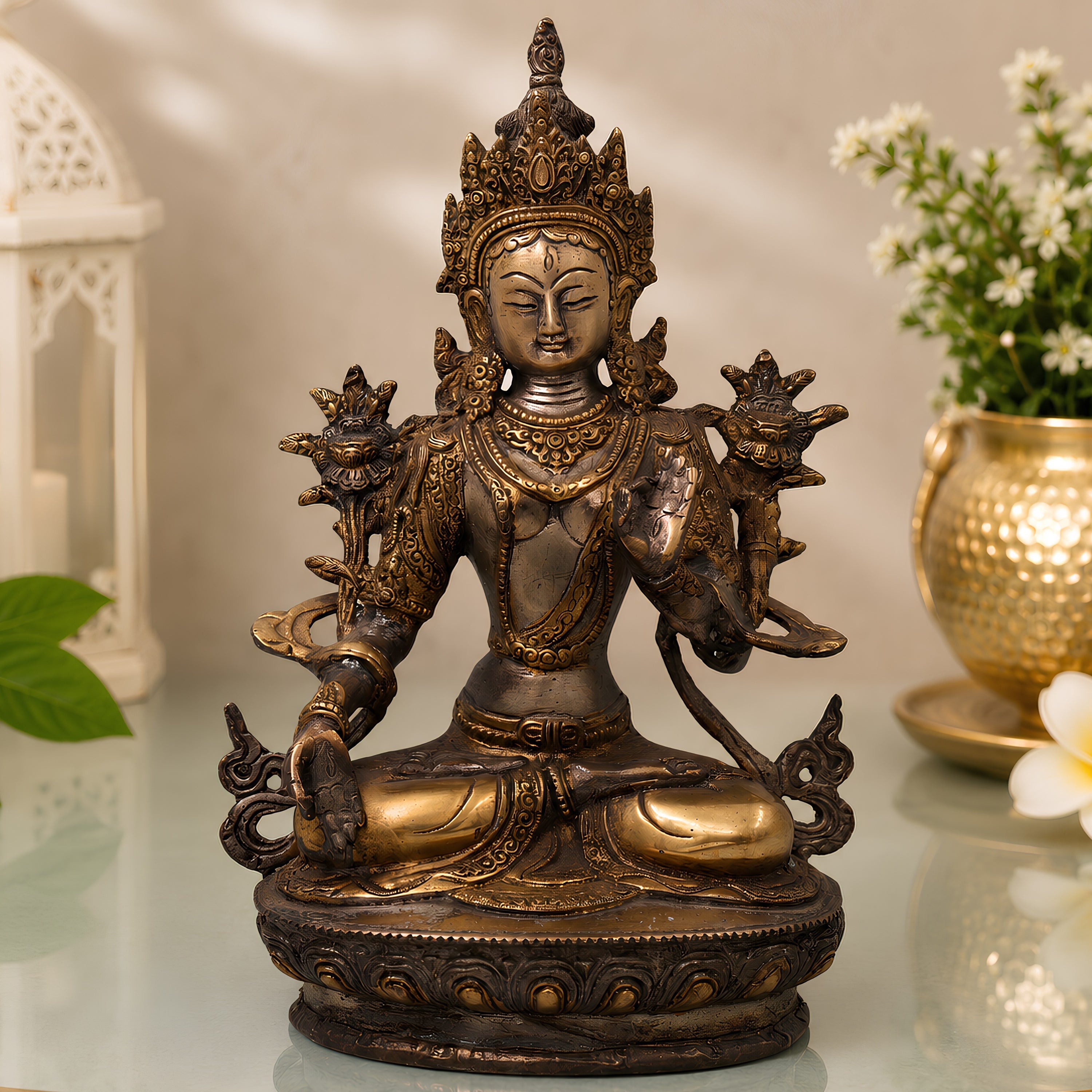 Brass White Tara Idol Handmade Traditional Chola Style Tara Devi Murti for Pooja Decor & Gifting, Gold, 12.5 Inch, 1 Piece