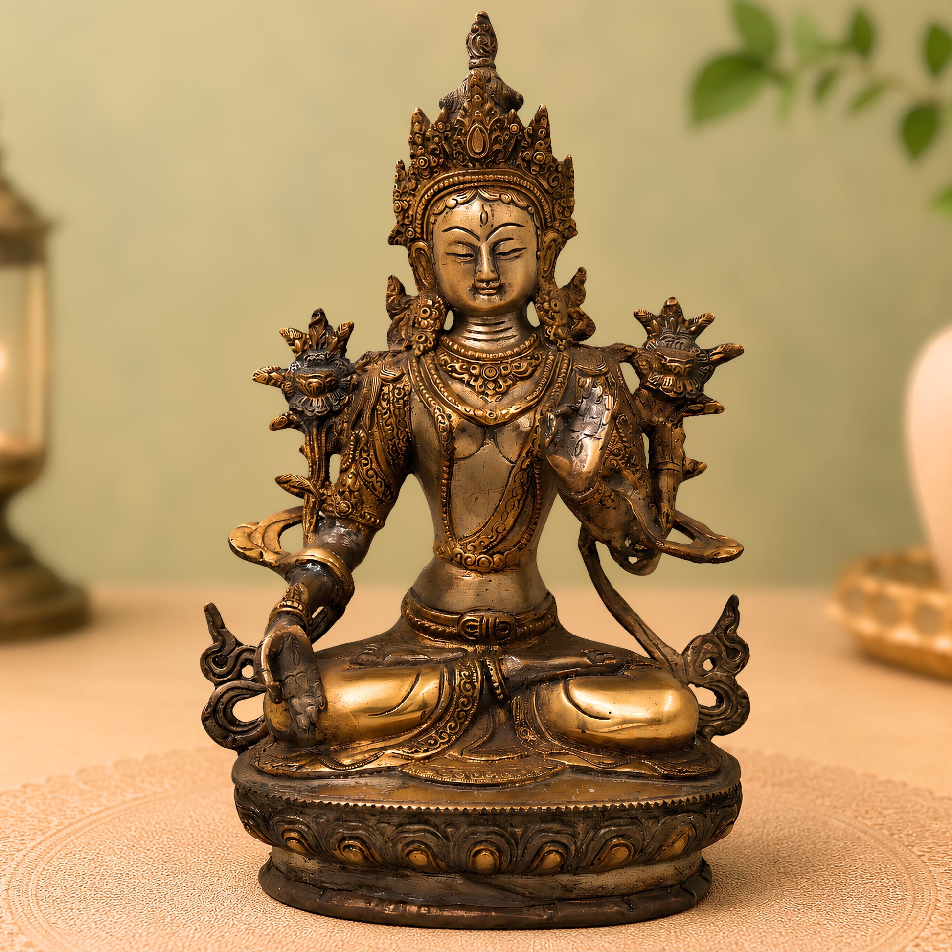 Brass White Tara Idol Handmade Traditional Chola Style Tara Devi Murti for Pooja Decor & Gifting, Gold, 12.5 Inch, 1 Piece