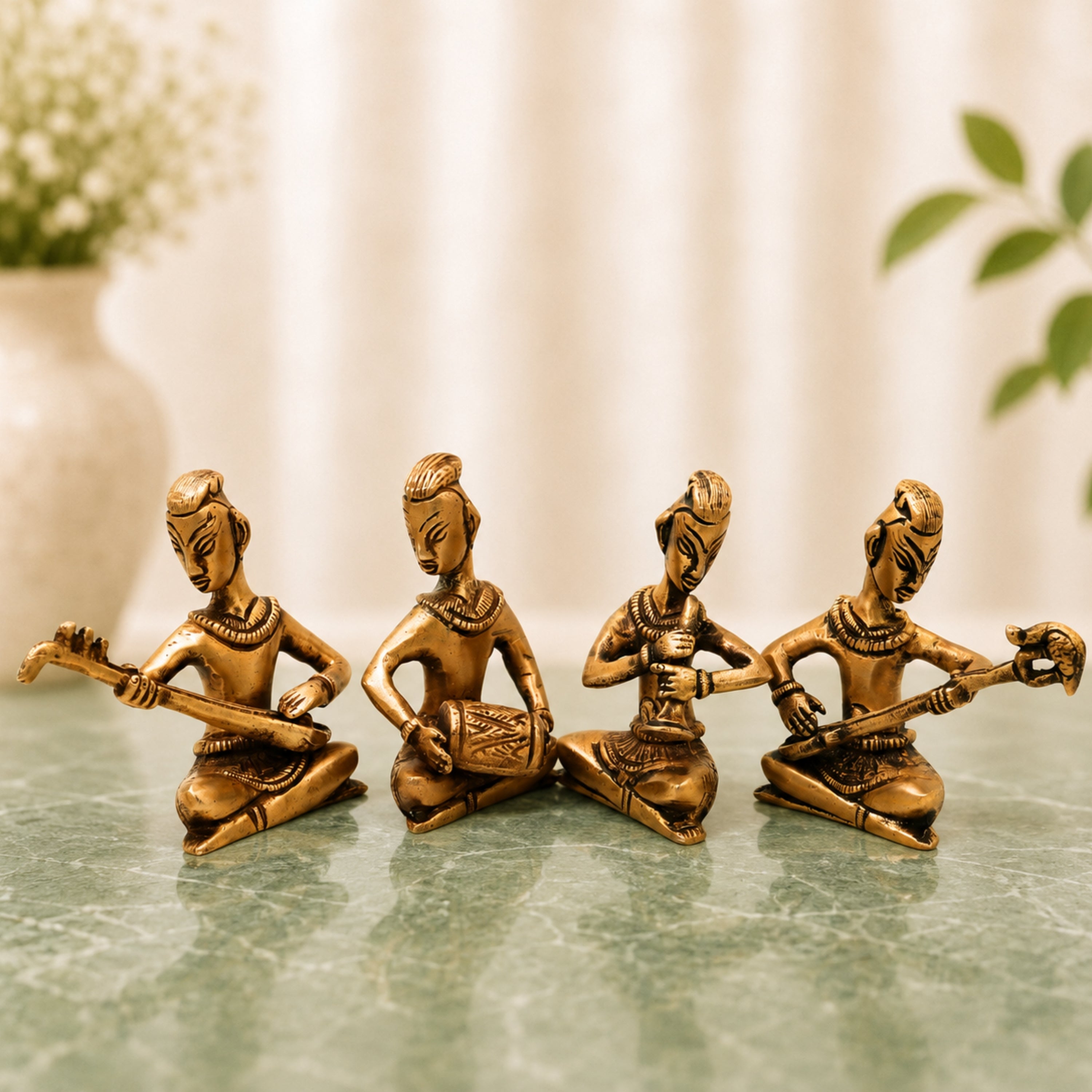 Handcrafted Brass Musician Set 4 Sculpture Traditional Musical Figurine Decorative Orchestra Idol for Home Decor, Pooja &amp; Gifting, Gold, 4 Inch, 1 Piece