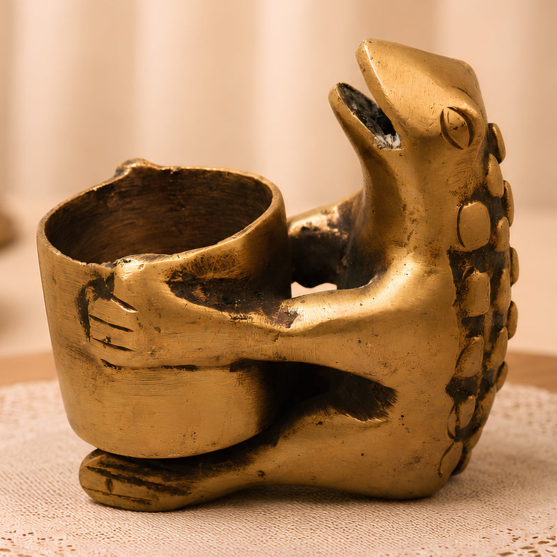 Brass Frog Candle Holder Handmade Traditional Deepam for Pooja Home Decor Vastu & Spiritual Gifting, Gold, 3 Inch, 1 Piece
