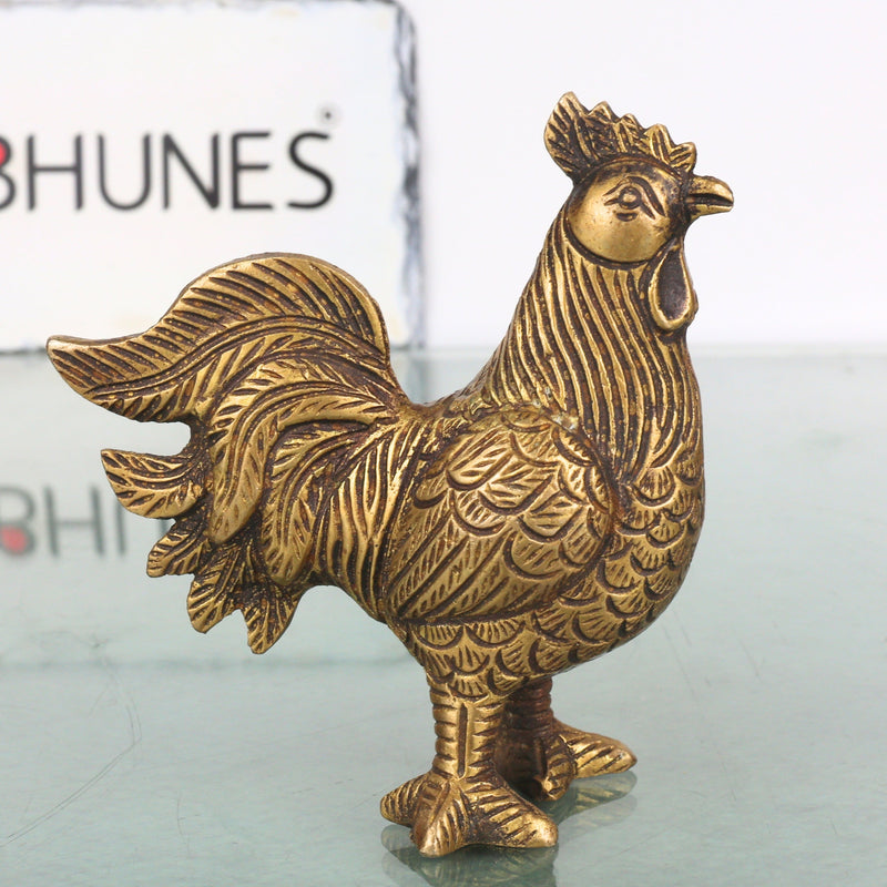 Brass Rooster Murti for Vastu & Home Decor, Handcrafted Traditional Peetal Kukuta Gift Sculpture, Gold, 4 Inch, 1 Piece
