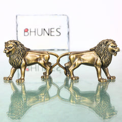 Brass Lion Set of 2 Simha Sculpture Traditional Handcrafted Vastu Pooja Home Decor Gift Statue, Gold, 2 Inch, 1 Piece
