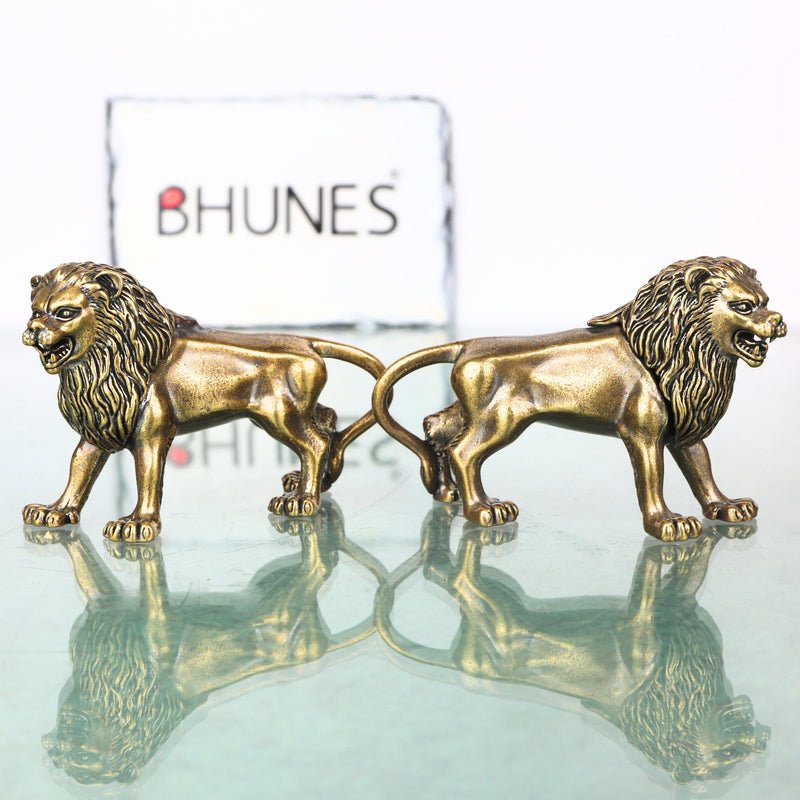 Brass Lion Set of 2 Simha Sculpture Traditional Handcrafted Vastu Pooja Home Decor Gift Statue, Gold, 2 Inch, 1 Piece