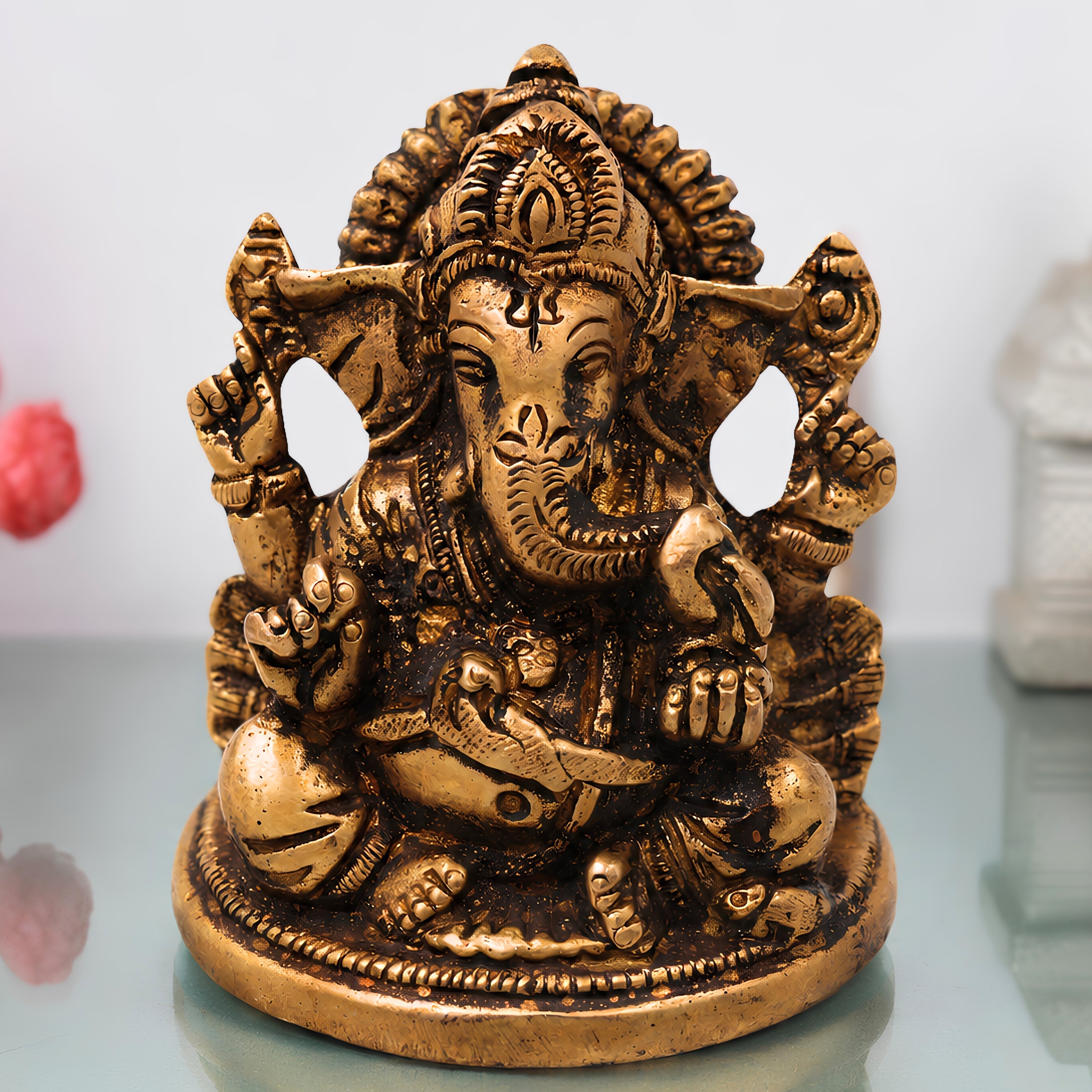 Ganesha Brass Ganesha Ganapati Vinayaka Idol for Pooja Home Decor Gifting, Traditional Handcrafted Chola Murti, Gold, 3 Inch, 1 Piece