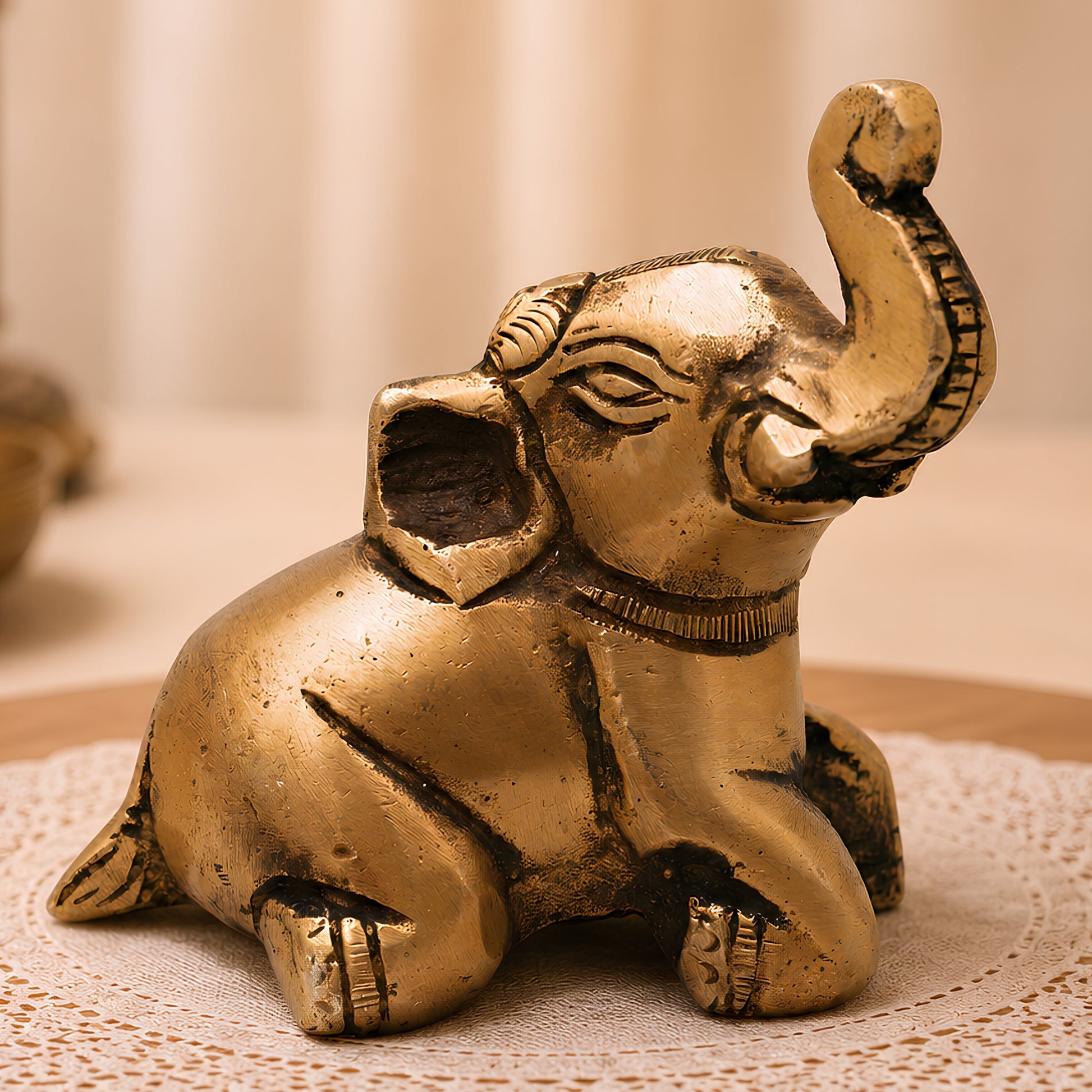Brass Baby Elephant Idol Bala Gaja Peetal Figurine for Vastu Pooja Home Decor Traditional Handcrafted Gift, Gold, 2.5 Inch, 1 Piece