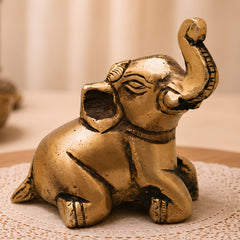 Brass Baby Elephant Idol Bala Gaja Peetal Figurine for Vastu Pooja Home Decor Traditional Handcrafted Gift, Gold, 2.5 Inch, 1 Piece