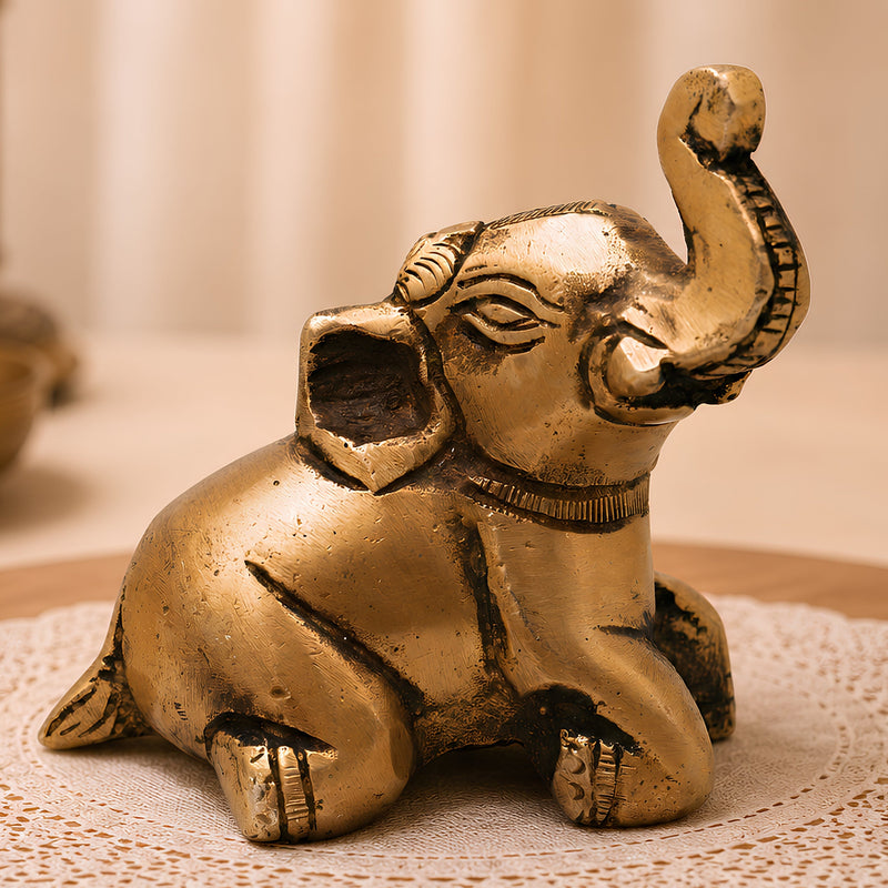 Brass Baby Elephant Idol Bala Gaja Peetal Figurine for Vastu Pooja Home Decor Traditional Handcrafted Gift, Gold, 2.5 Inch, 1 Piece