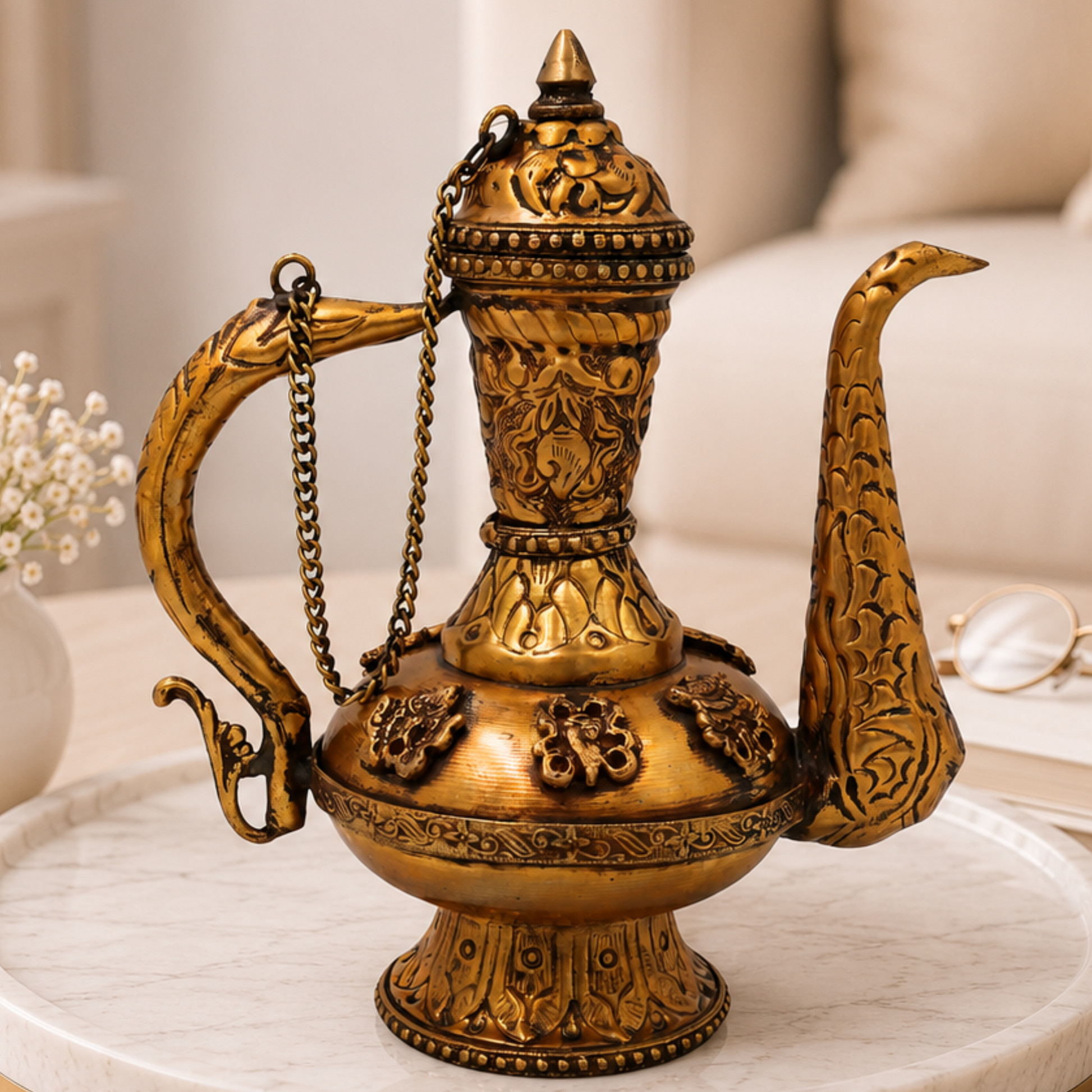 Handcrafted Chola Brass Kettle Traditional Tea Pot Water Vessel for Home Decor, Collectors & Gifting, Gold, 7 Inch, 1 Piece