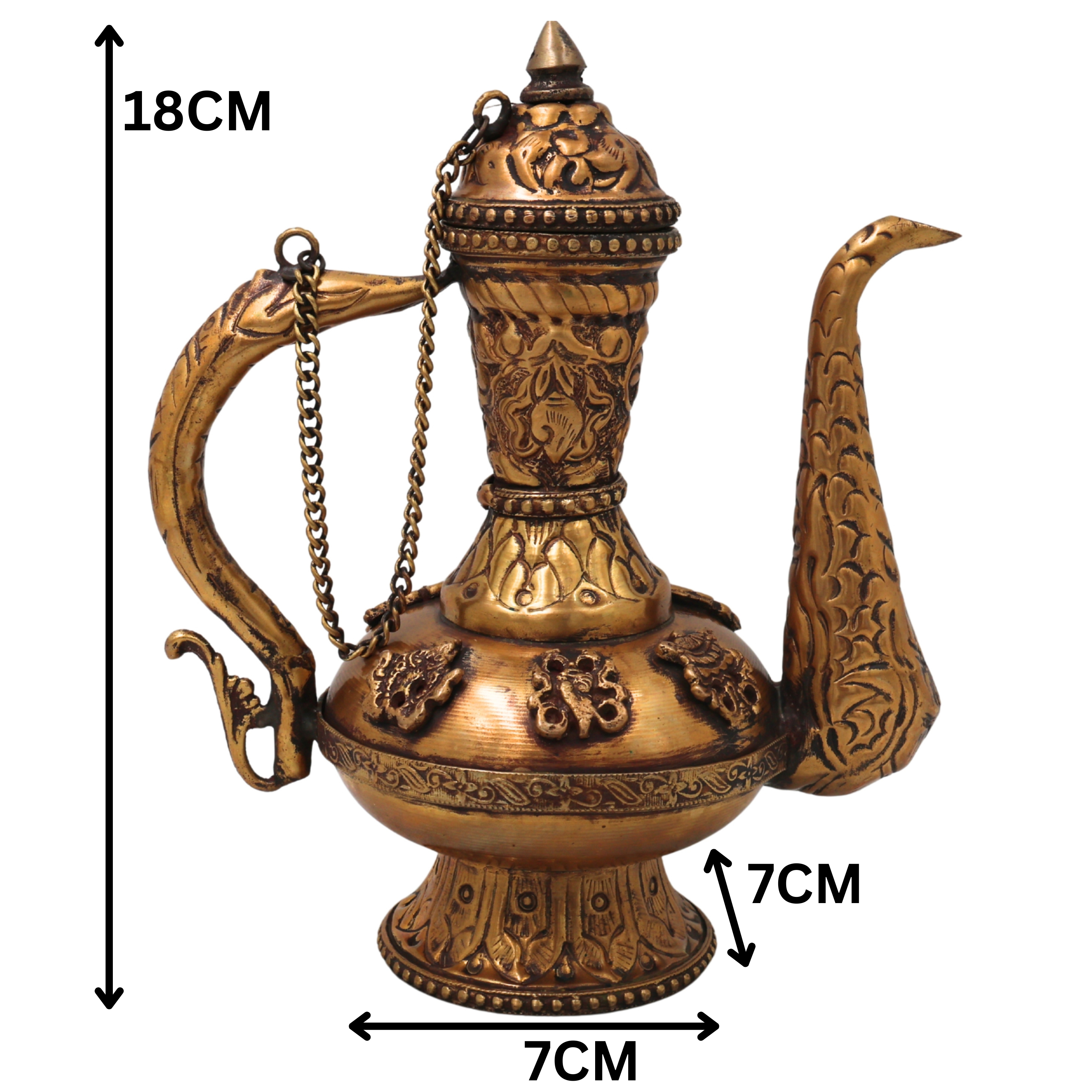 Handcrafted Chola Brass Kettle Traditional Tea Pot Water Vessel for Home Decor, Collectors & Gifting, Gold, 7 Inch, 1 Piece