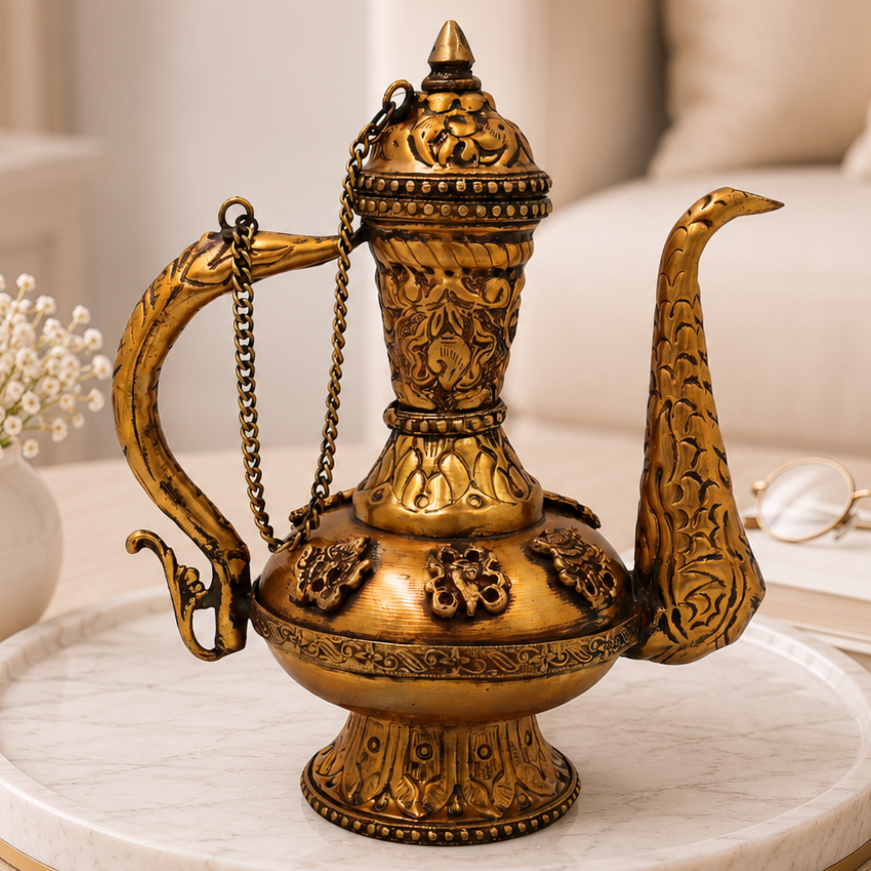 Handcrafted Brass Tea Kettle Traditional Teapot for Serving Home Decor Heritage Collection & Gifting, Gold, 8.5 Inch, 1 Piece