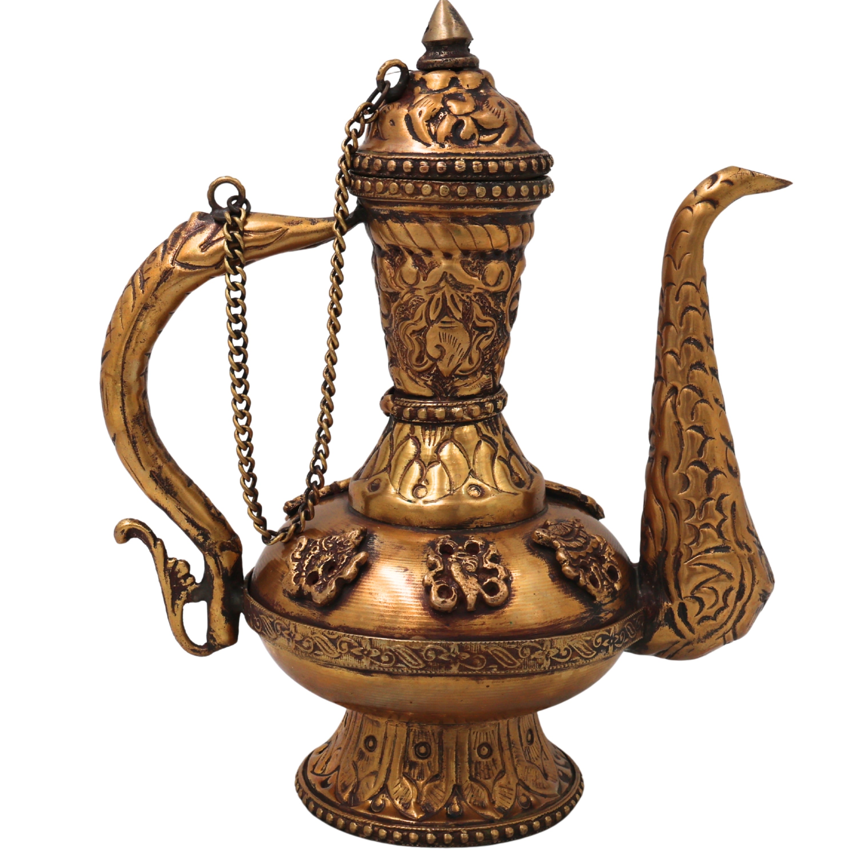 Handcrafted Chola Brass Kettle Traditional Tea Pot Water Vessel for Home Decor, Collectors & Gifting, Gold, 7 Inch, 1 Piece