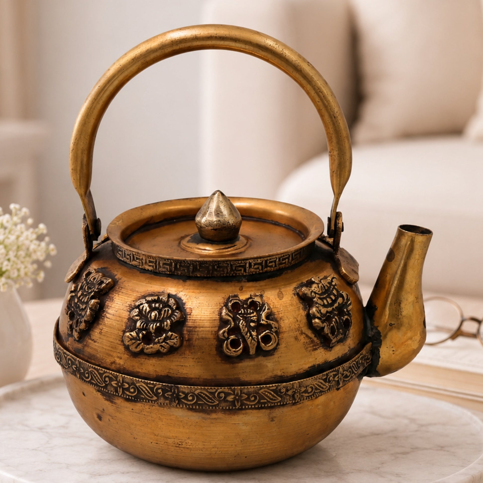 Brass Kettle Peetal Tea Pot Traditional Handcrafted Chola Style Pooja Decor Gifting Water Vessel, Gold, 7.5 Inch, 1 Piece
