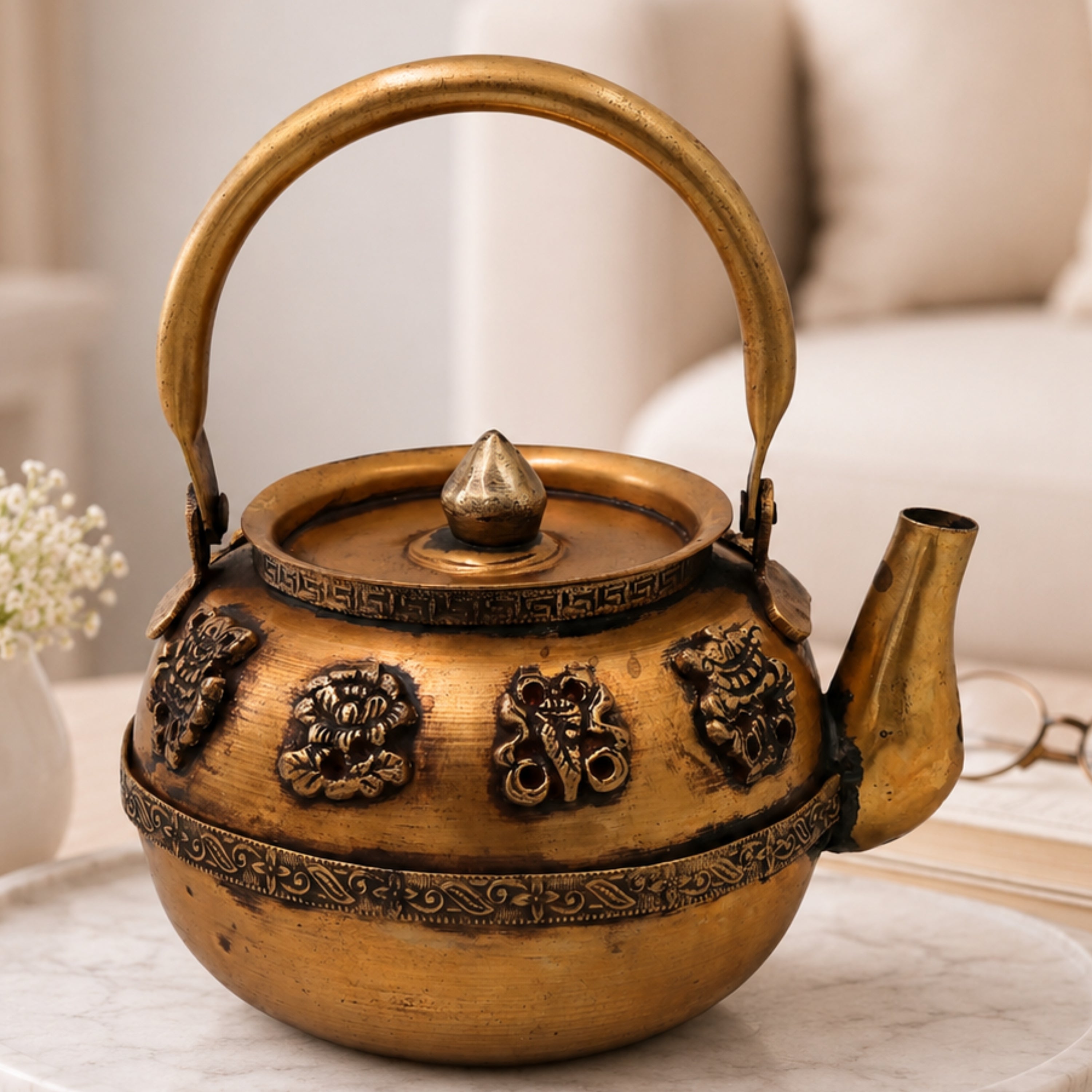 Brass Kettle Peetal Tea Pot Traditional Handcrafted Chola Style Pooja Decor Gifting Water Vessel, Gold, 7.5 Inch, 1 Piece