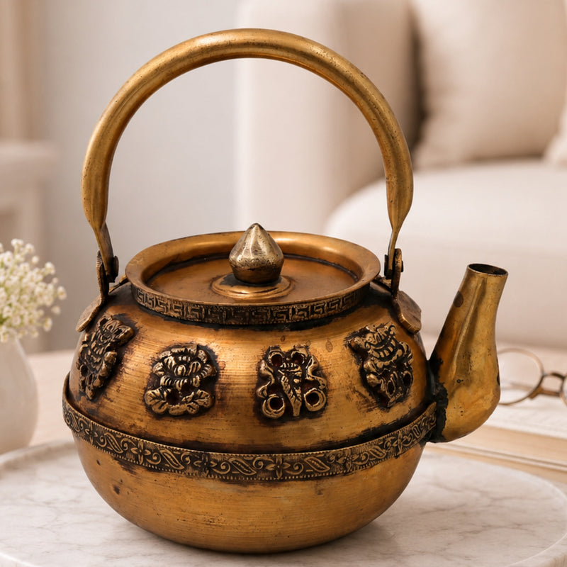 Brass Kettle Peetal Tea Pot Traditional Handcrafted Chola Style Pooja Decor Gifting Water Vessel, Gold, 7.5 Inch, 1 Piece